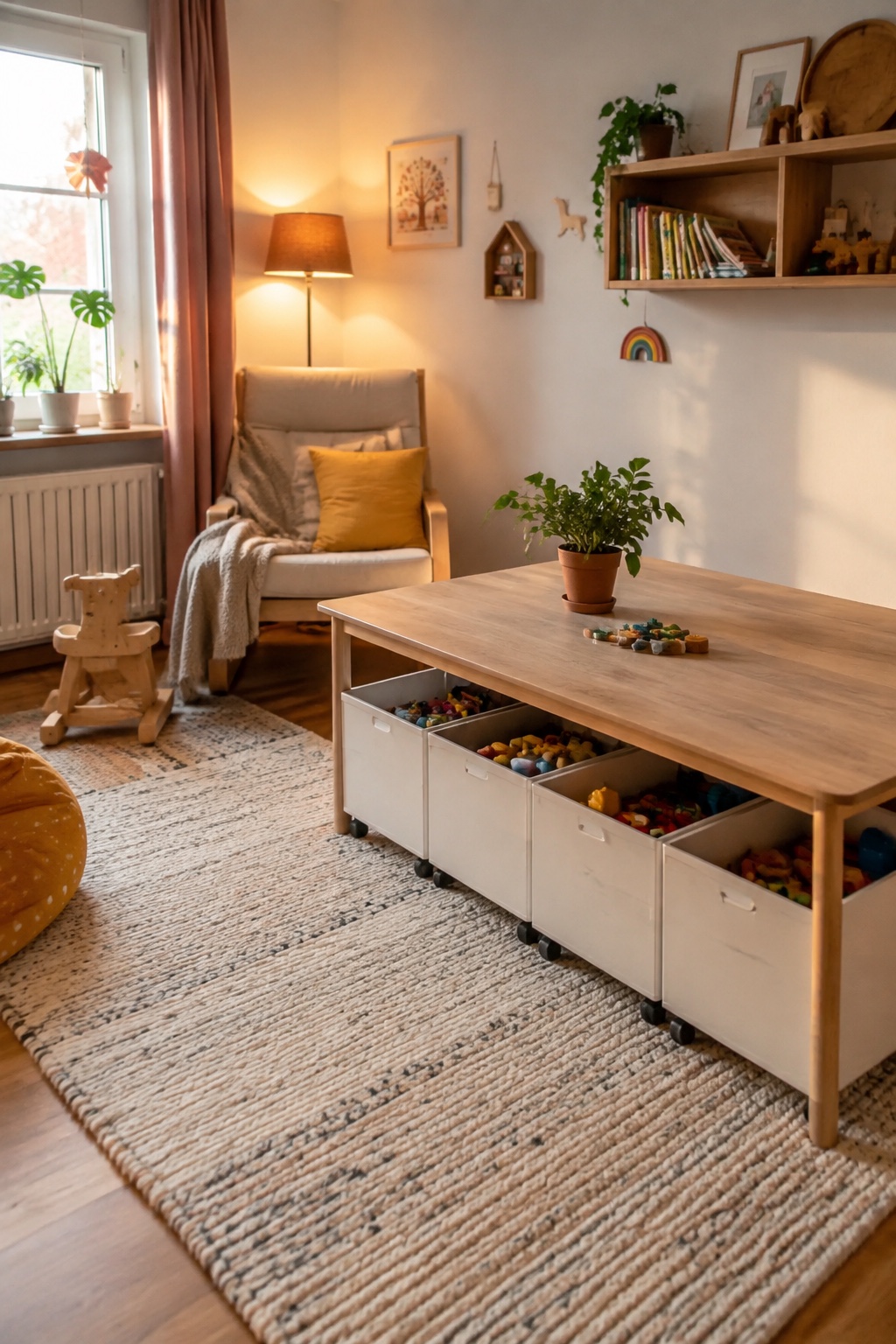 Gemütliches Kinderzimmer mit niedrigen weißen Boxen für Bausteine unter einem Tisch