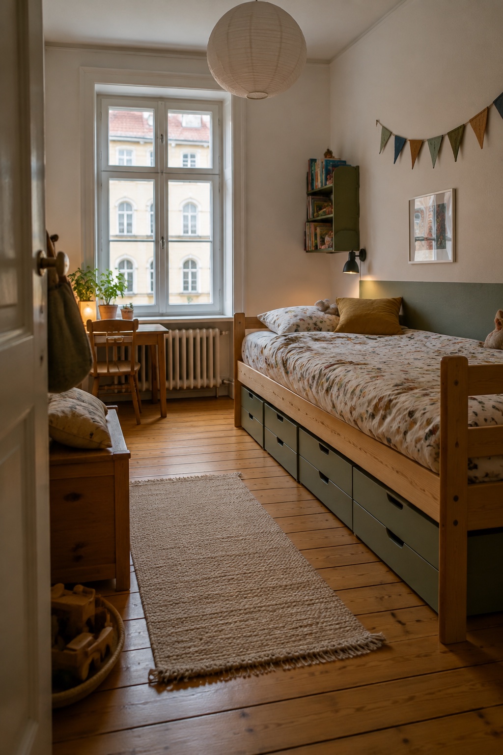 Kleines Altbau-Kinderzimmer mit flachen geschlossenen Boxen unter einem Holzbett