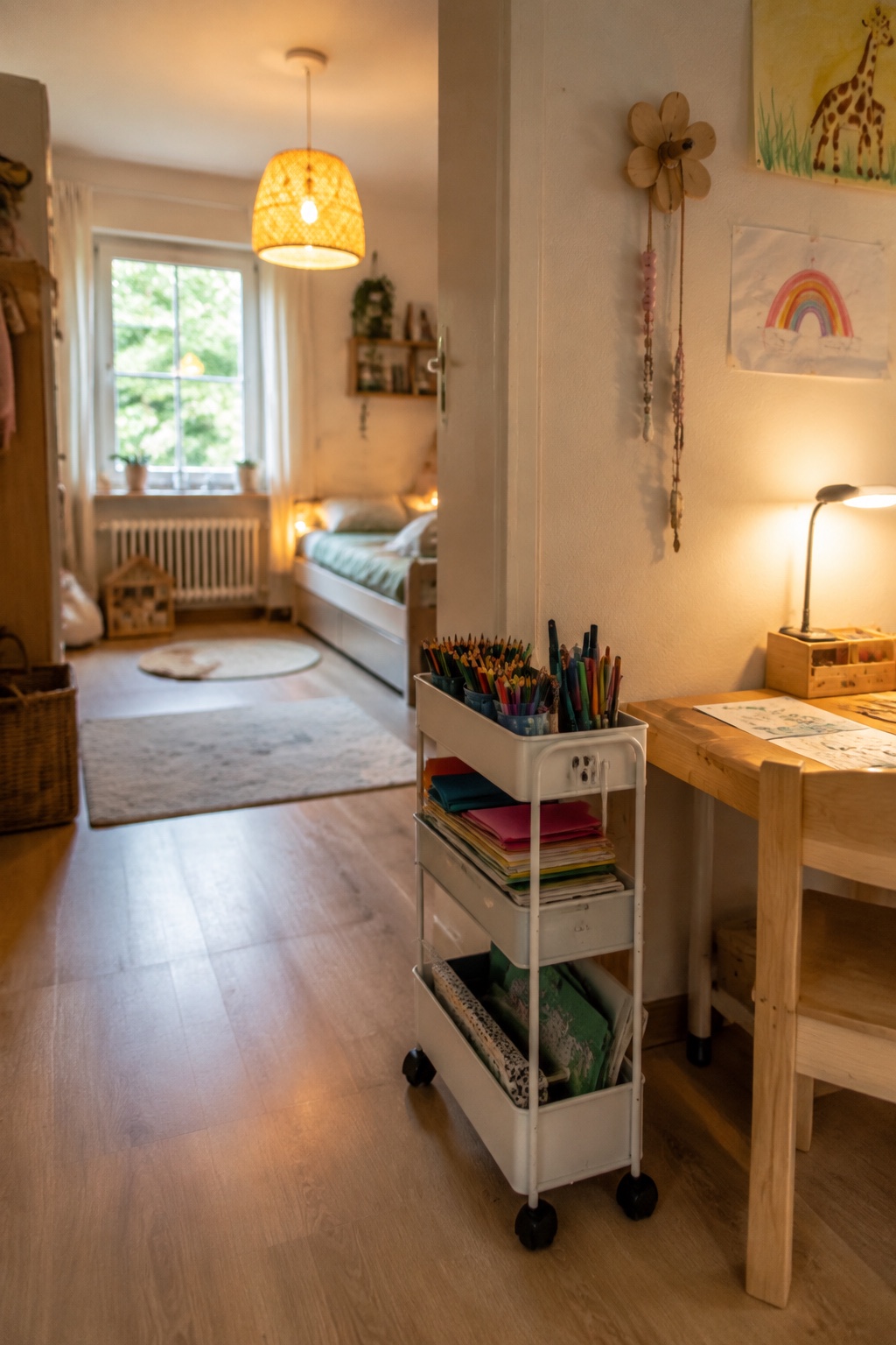 Bewohntes Kinderzimmer mit schmalem Rollwagen für Papier und Stifte neben einem Kindertisch