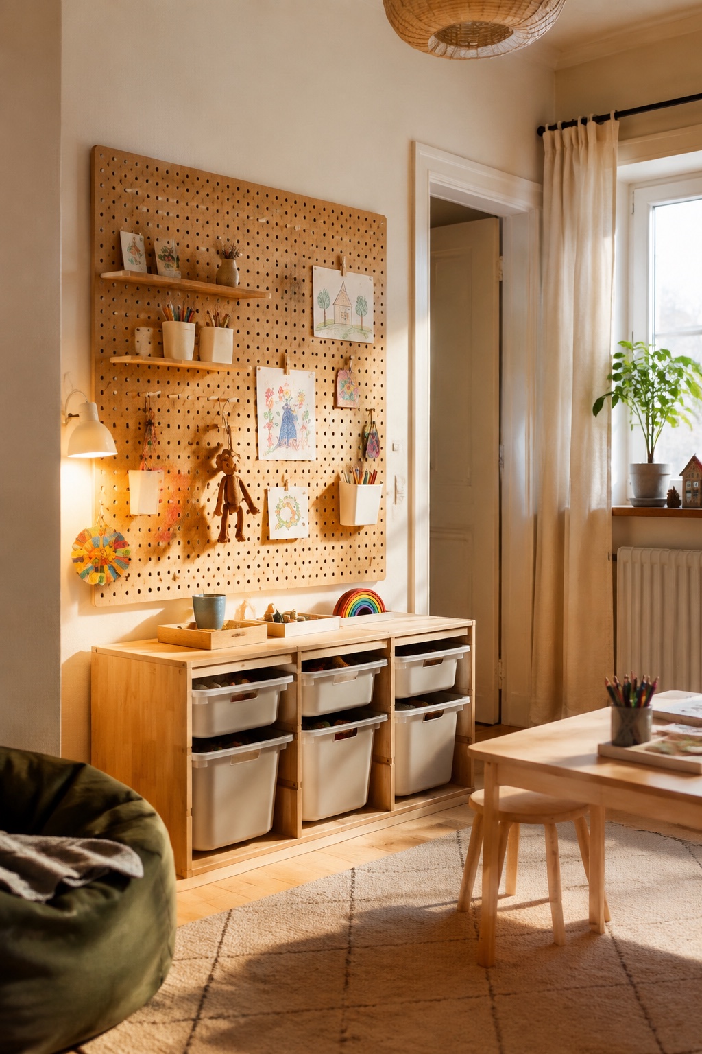 Warme Spielzimmerecke mit modularer Stecktafel, kleinen Bildern und leichtem Bastelmaterial