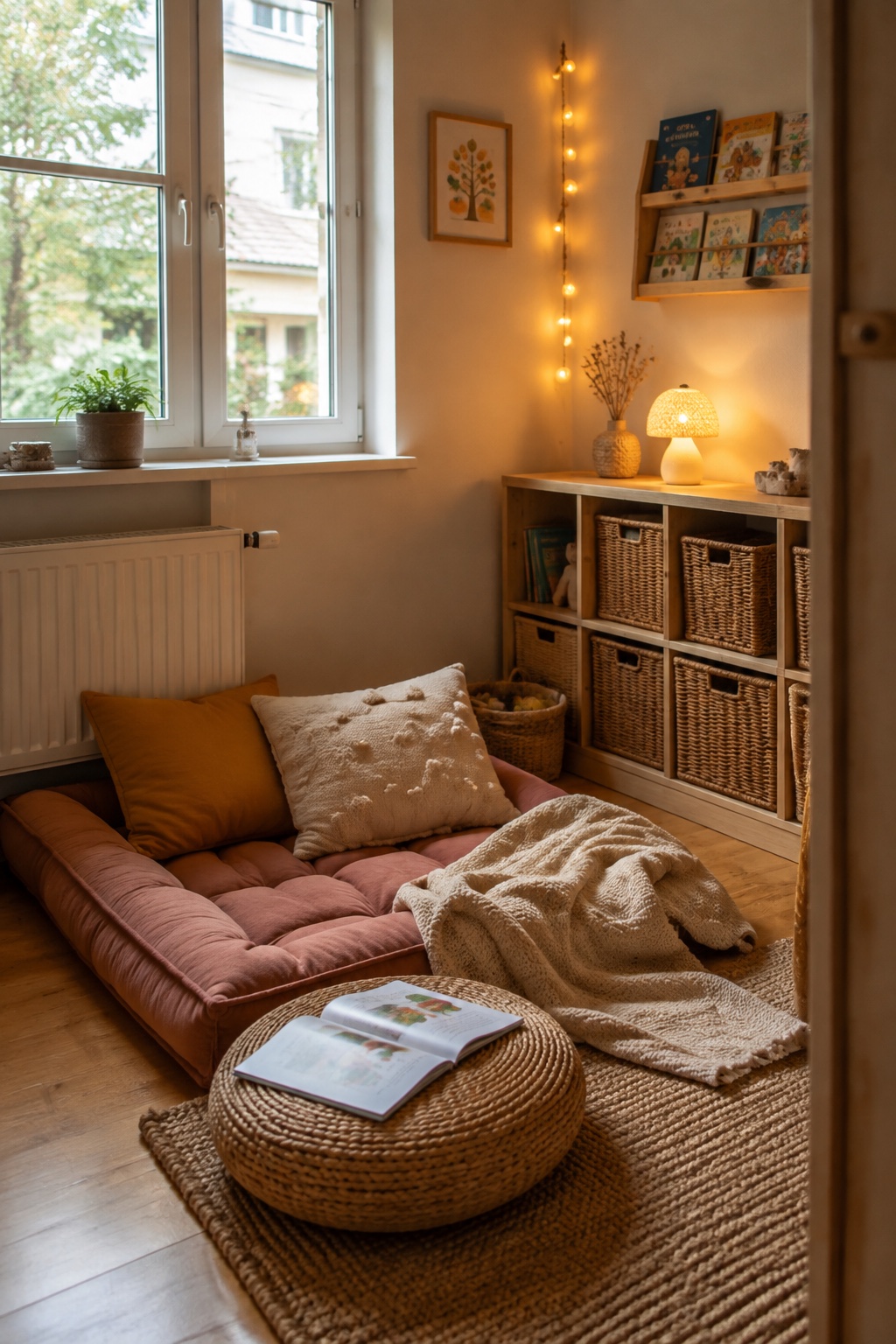 Gemütliche Kinderzimmer-Leseecke mit Bodenkissen, weicher Decke und warmem Licht