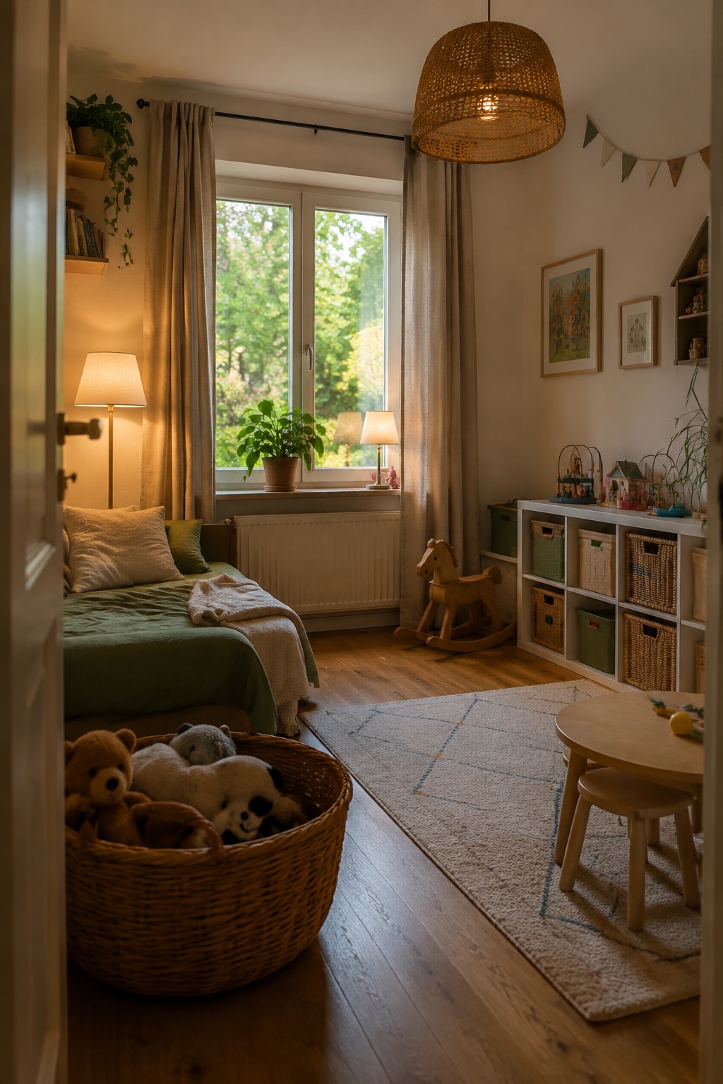 Lebendiges Kinderzimmer mit großem Flechtkorb voller weniger Kuscheltiere