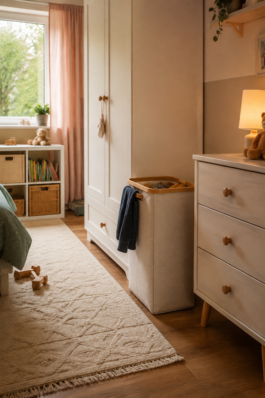 Freundliches Kinderzimmer mit schmalem Stoff-Wäschekorb neben dem Schrank
