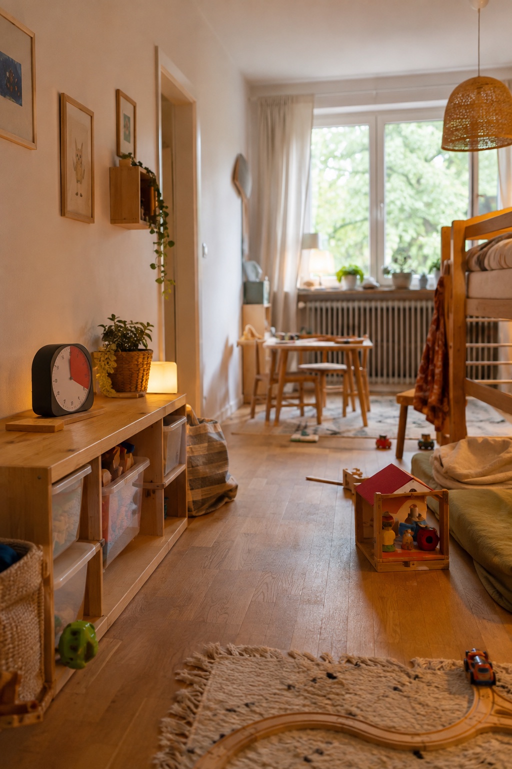 Bewohntes Kinderzimmer nach dem Spielen mit visuellem Timer auf einem niedrigen Regal