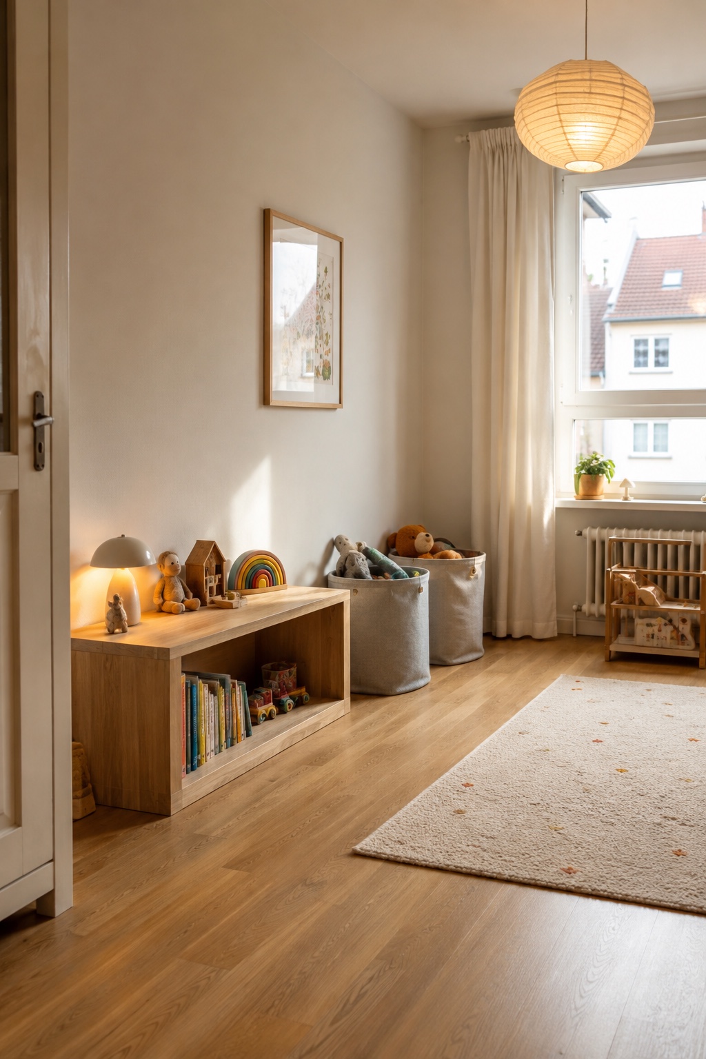 Helles Kinderzimmer mit bewusst freiem niedrigen Regalfach und zwei ordentlichen Boxen daneben