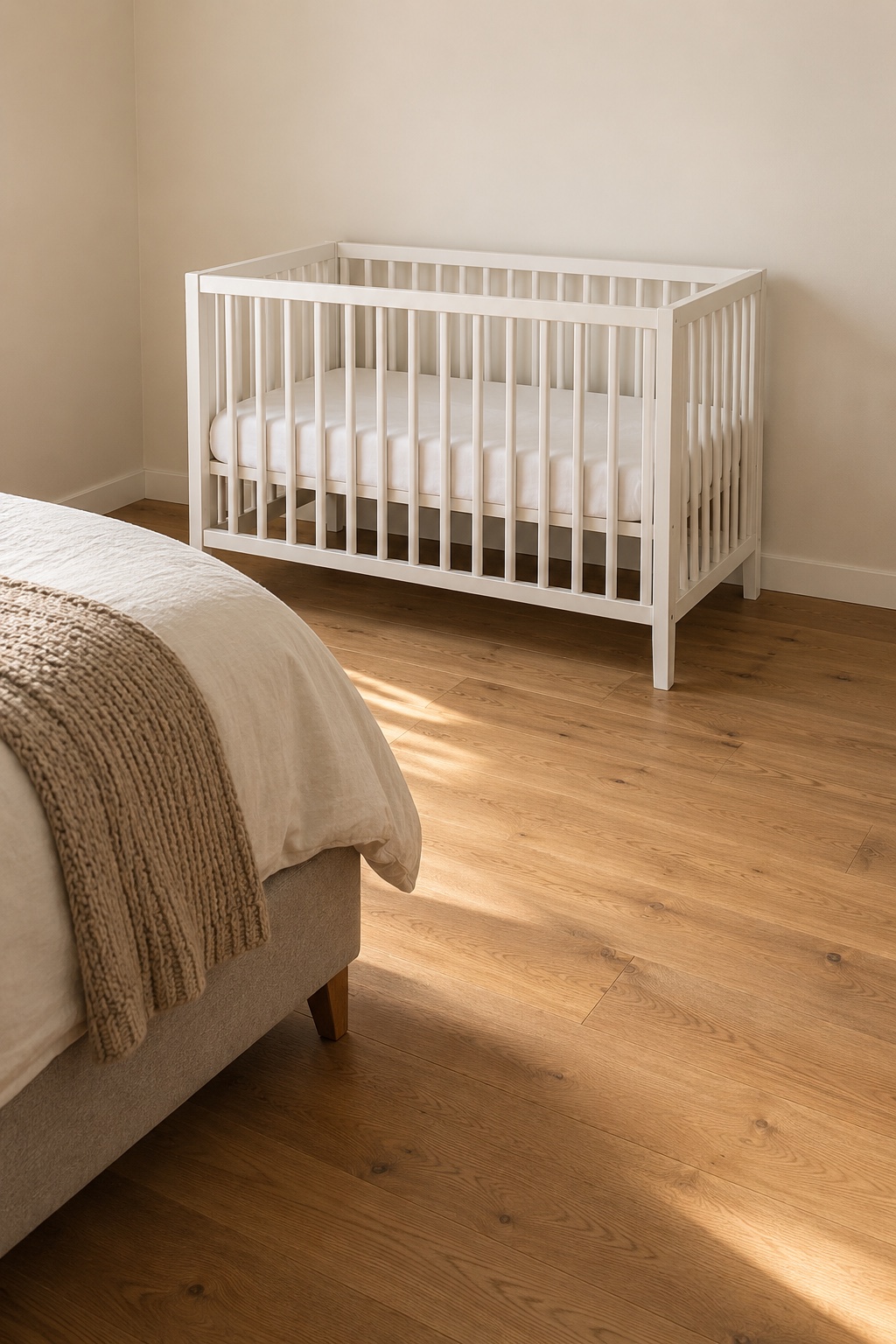 Stelle ein kompaktes Babybett an eine freie Wand im kleinen Schlafzimmer mit Babybett