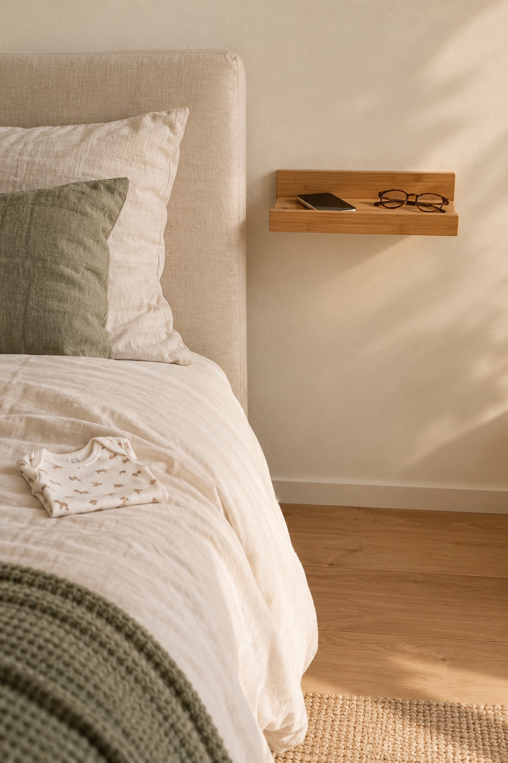 Ersetze deinen Nachttisch durch eine kleine Wandablage im kleinen Schlafzimmer mit Babybett