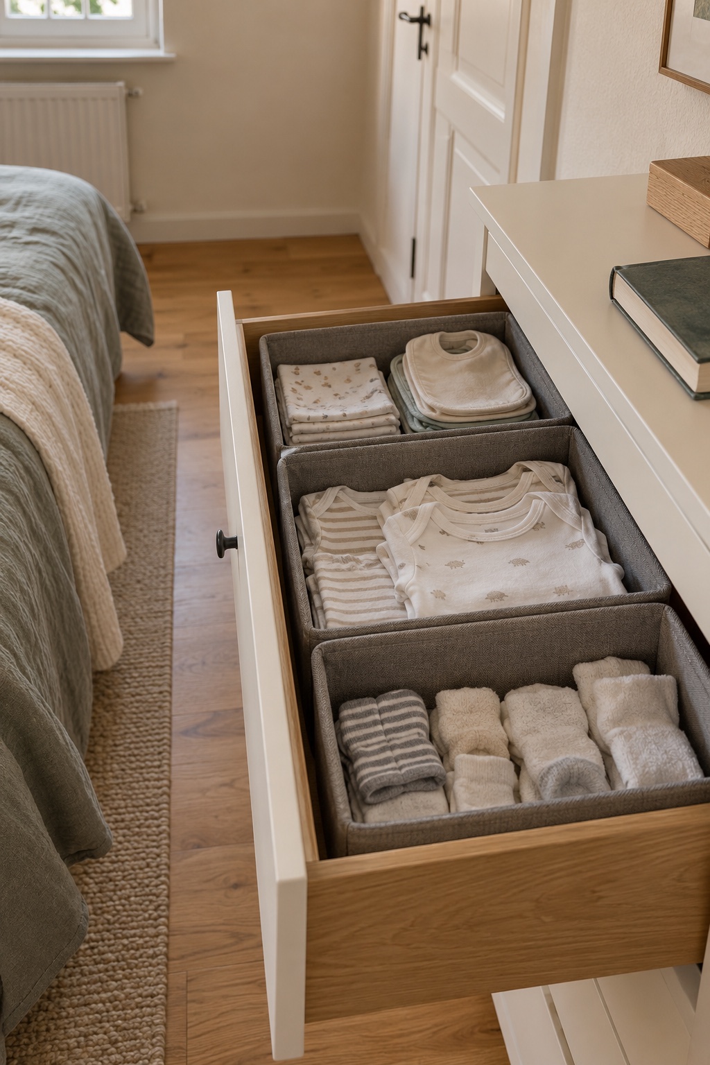 Teile eine Kommodenschublade für die tägliche Babykleidung auf im kleinen Schlafzimmer mit Babybett