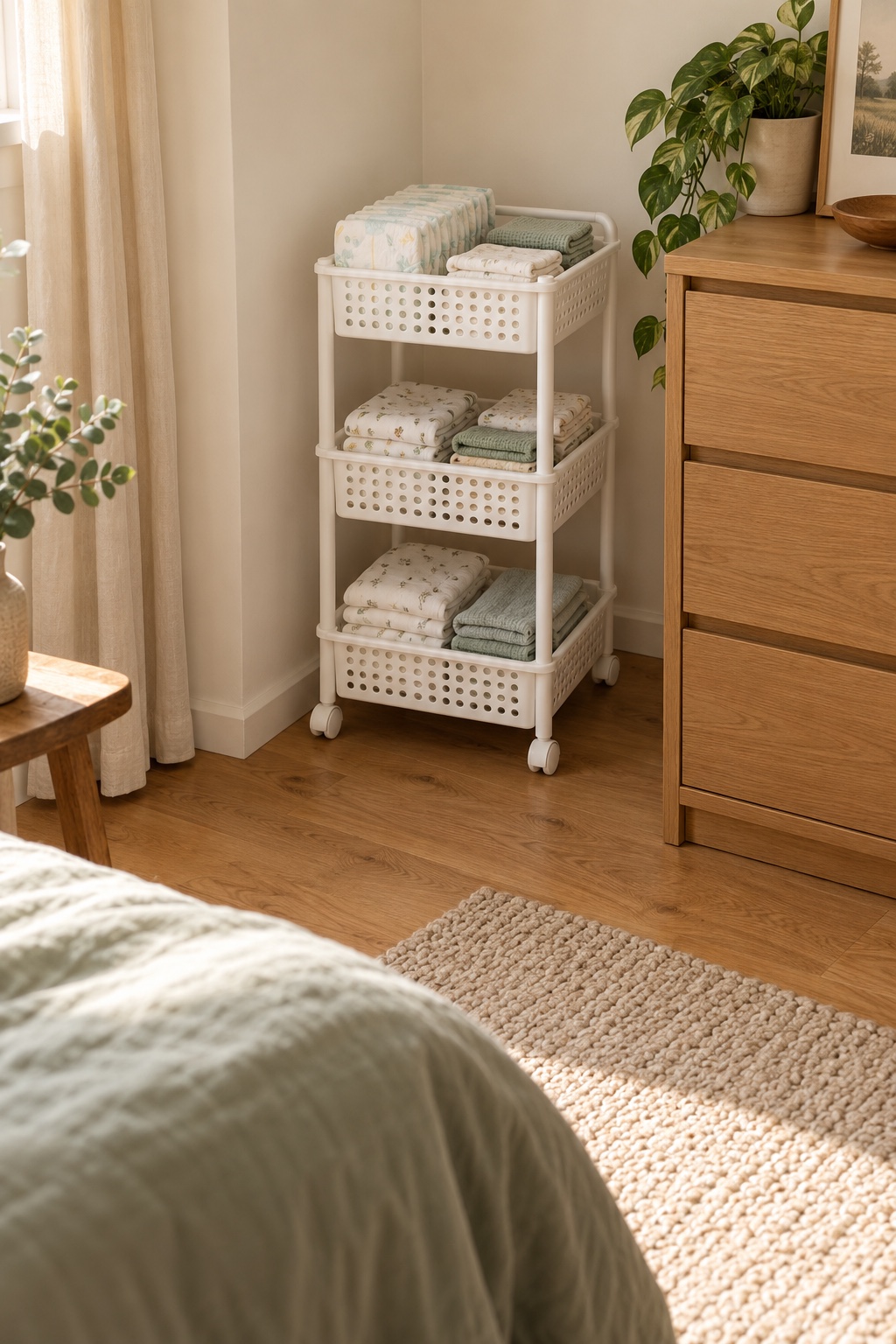 Nutze eine freie Ecke für einen kleinen Vorratswagen im kleinen Schlafzimmer mit Babybett