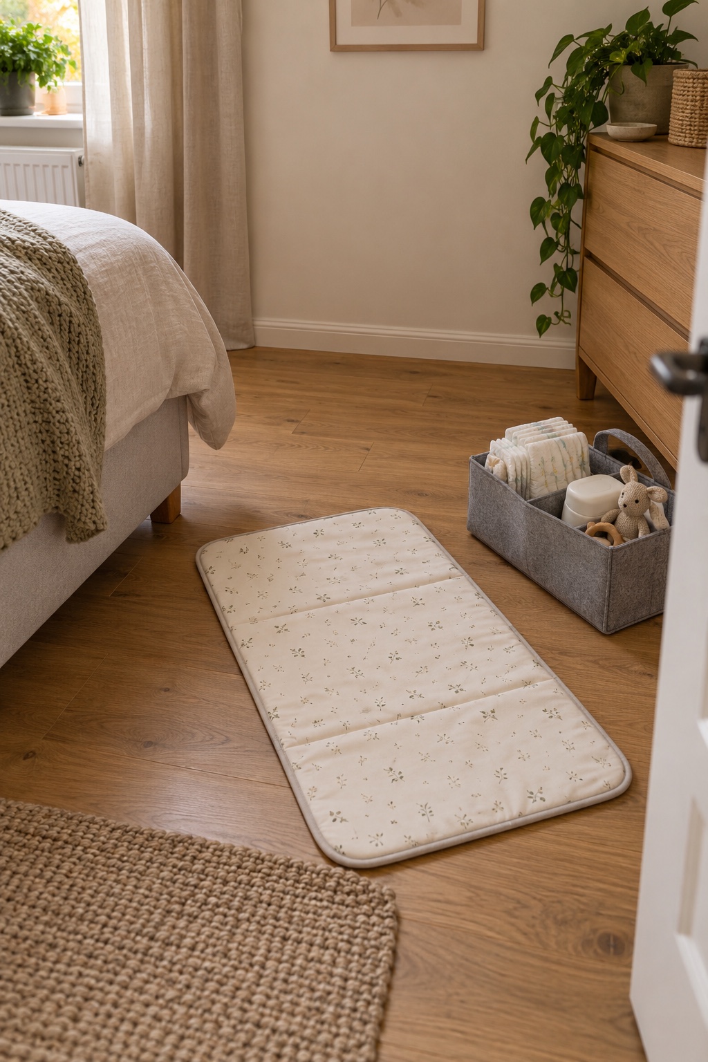Schaffe einen Wickelplatz, den du danach wegräumen kannst im kleinen Schlafzimmer mit Babybett