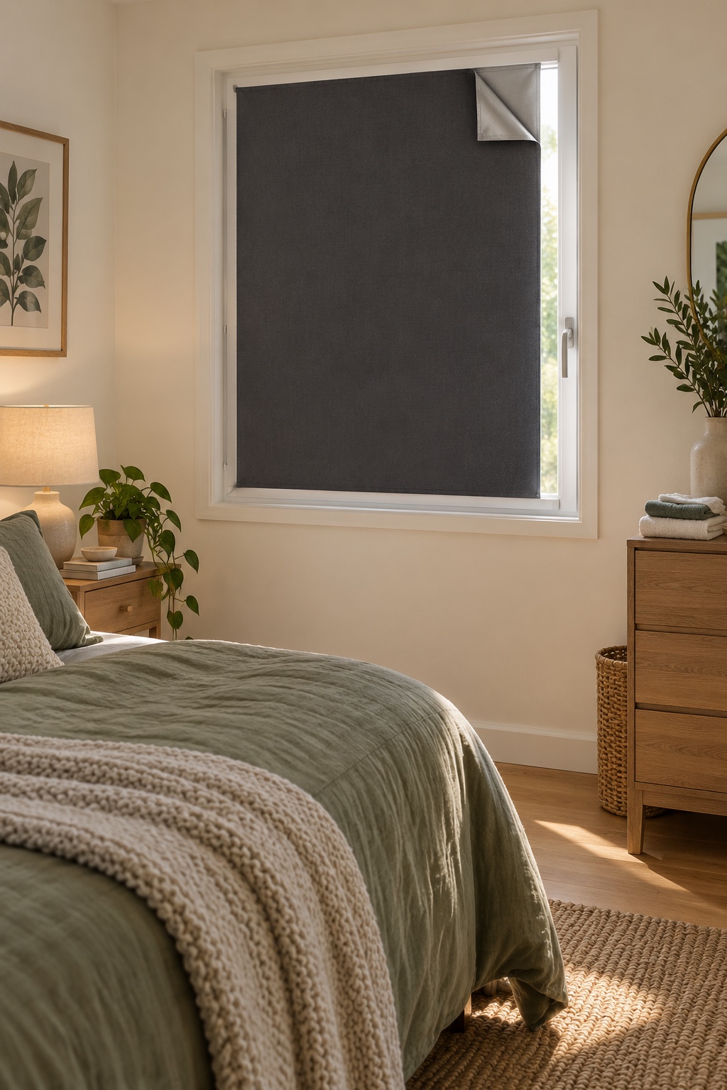 Verdunkle das Fenster ohne frei hängende Zugschnur im kleinen Schlafzimmer mit Babybett