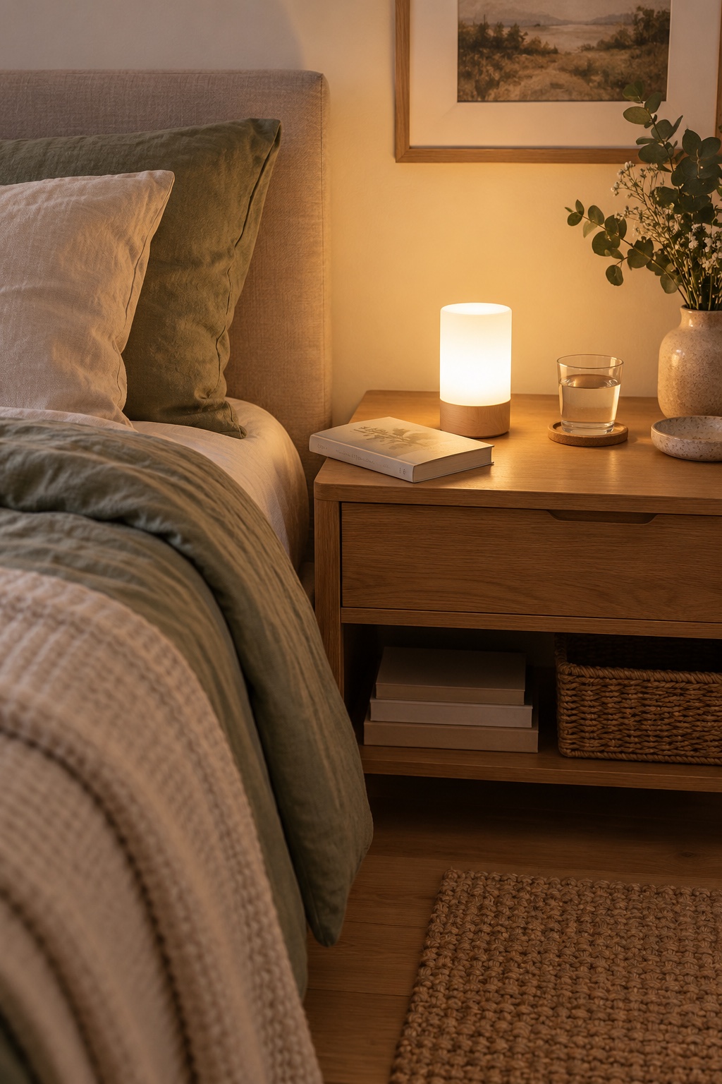Platziere ein gedimmtes Nachtlicht auf deiner Bettseite im kleinen Schlafzimmer mit Babybett
