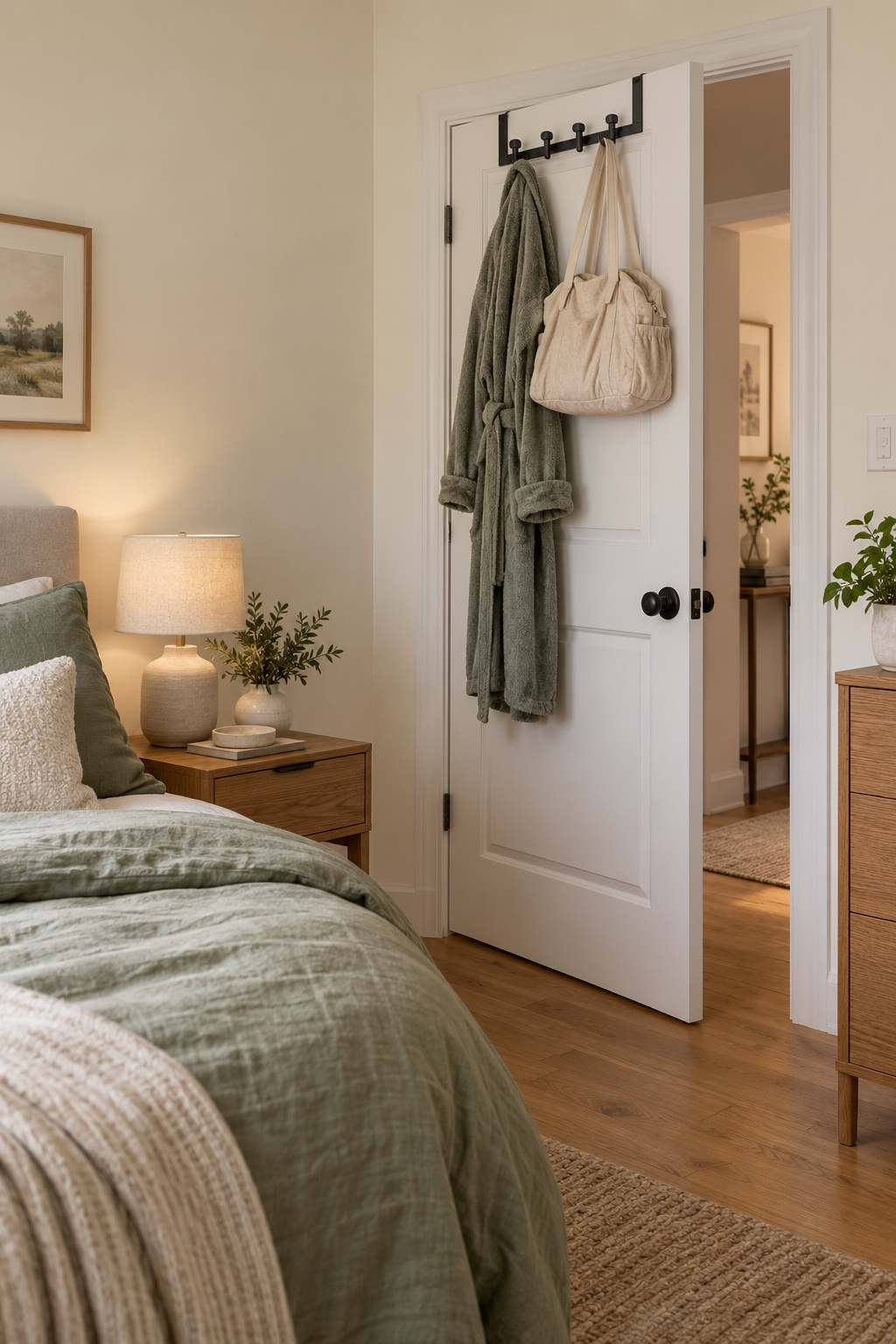 Hänge deinen Morgenmantel an die Zimmertür im kleinen Schlafzimmer mit Babybett