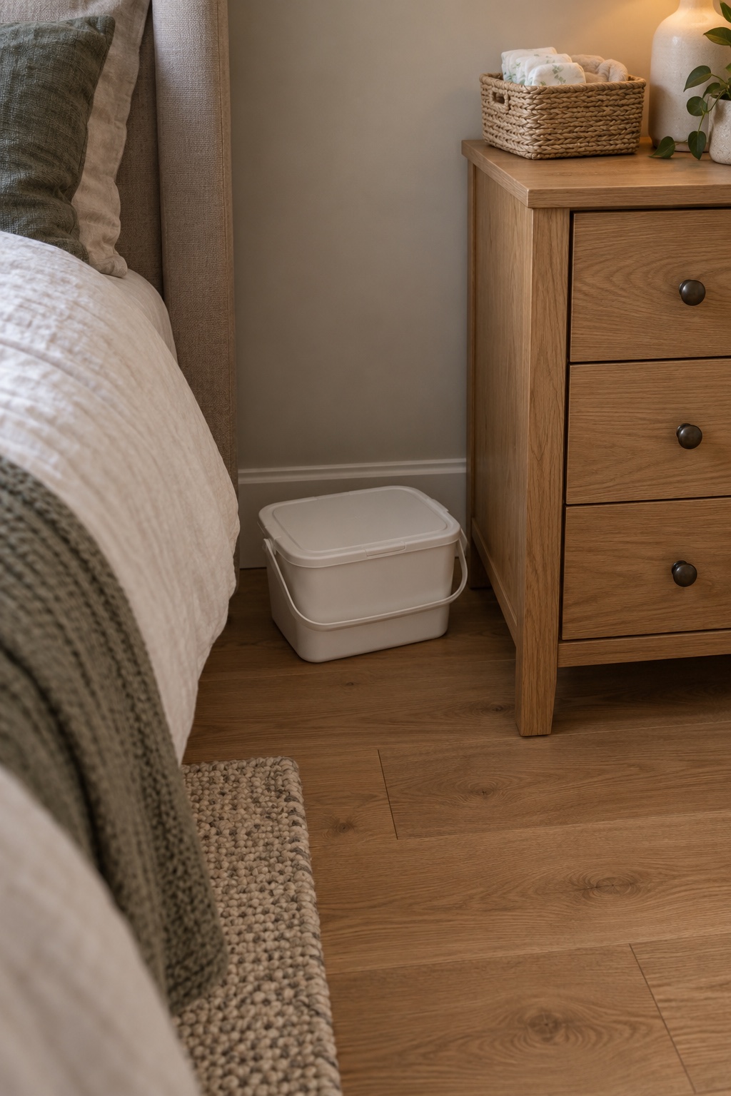 Stelle einen kleinen geschlossenen Windeleimer griffnah ab im kleinen Schlafzimmer mit Babybett