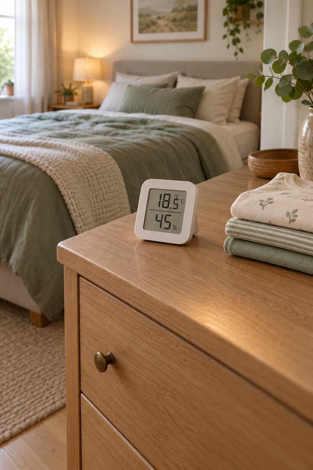 Miss die Raumtemperatur außerhalb direkter Sonne im kleinen Schlafzimmer mit Babybett