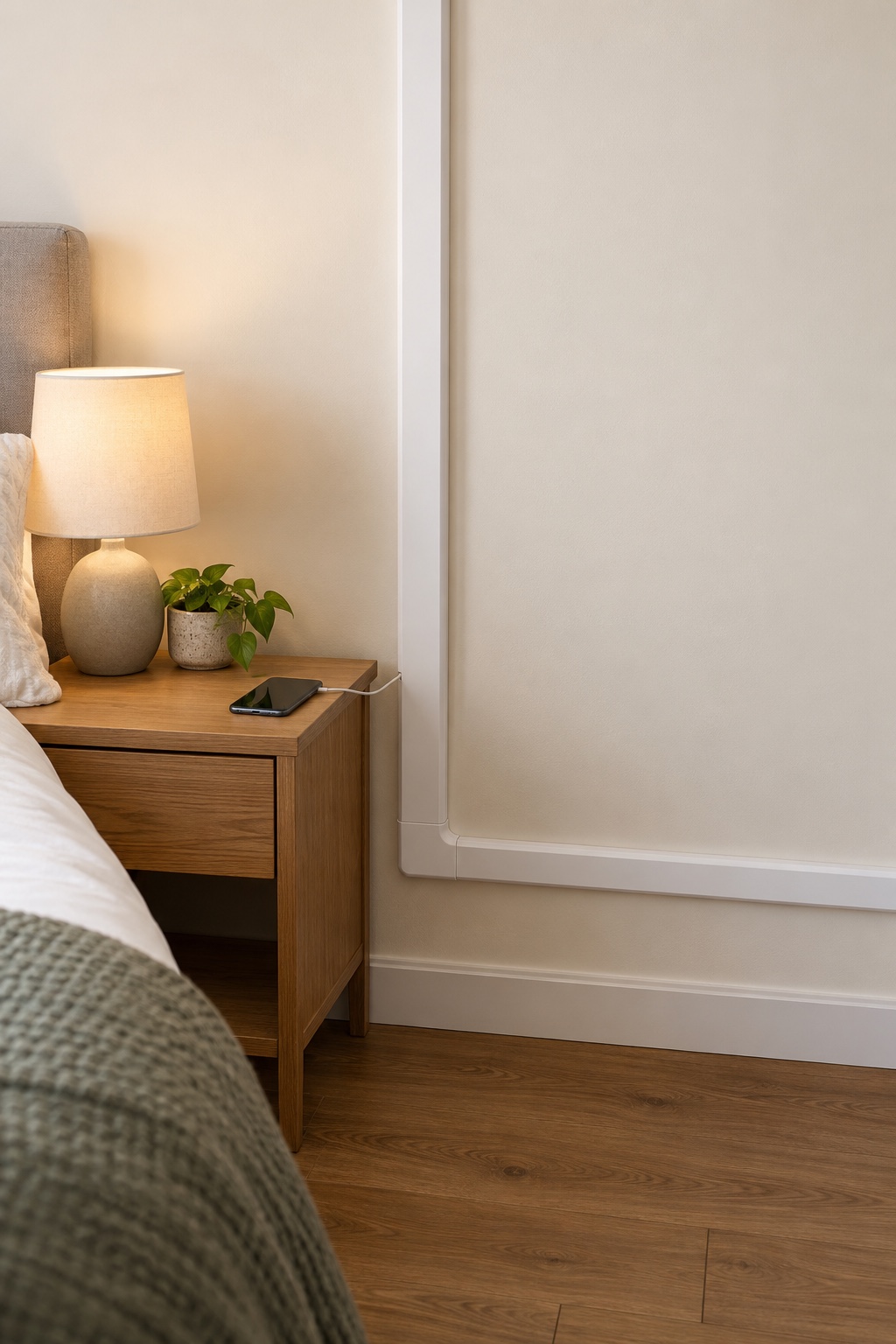 Führe Ladekabel geschlossen an der Wand entlang im kleinen Schlafzimmer mit Babybett