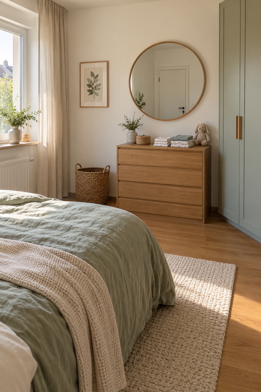 Befestige den Spiegel an der Erwachsenen-Garderobe im kleinen Schlafzimmer mit Babybett
