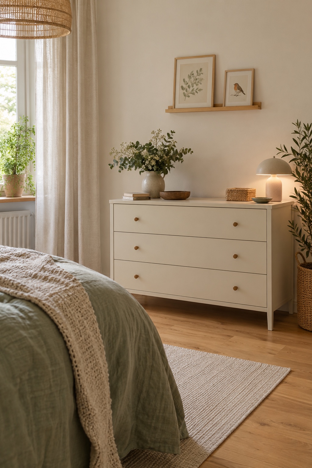Gestalte eine freie Erwachsenenwand mit wenigen Bildern im kleinen Schlafzimmer mit Babybett