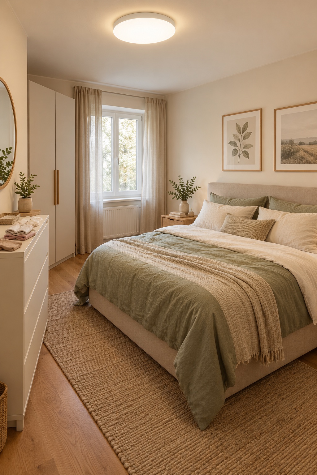 Beleuchte das Zimmer mit einer flachen Deckenlampe im kleinen Schlafzimmer mit Babybett
