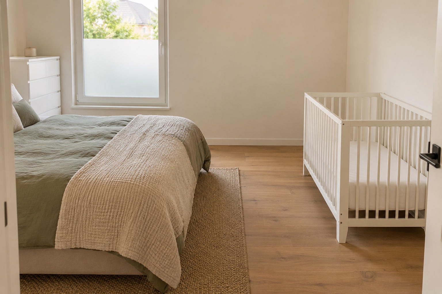 Kleines Elternschlafzimmer mit getrenntem leeren Babybett und freiem Durchgang