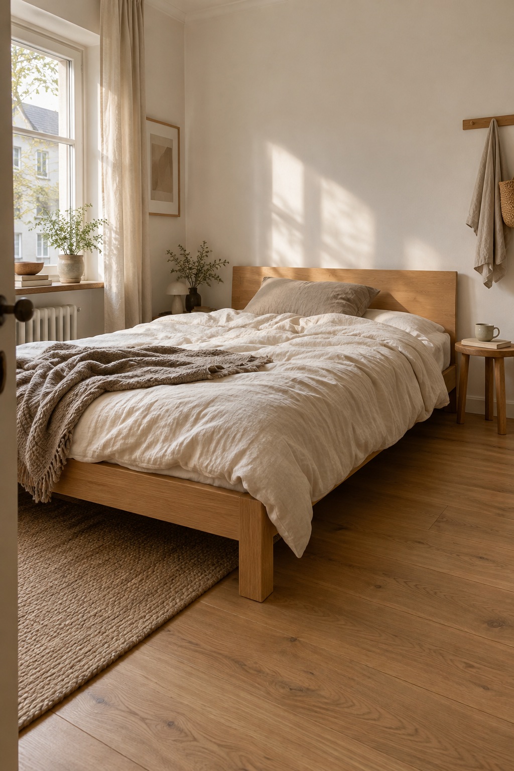 Schlichtes niedriges Holzbett in einem kleinen Japandi-Schlafzimmer