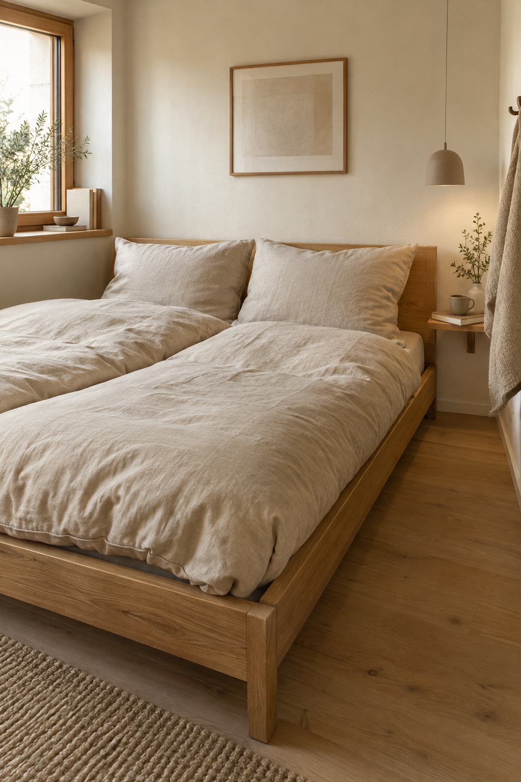 Unifarbene beige Baumwollbettwäsche im Japandi-Schlafzimmer
