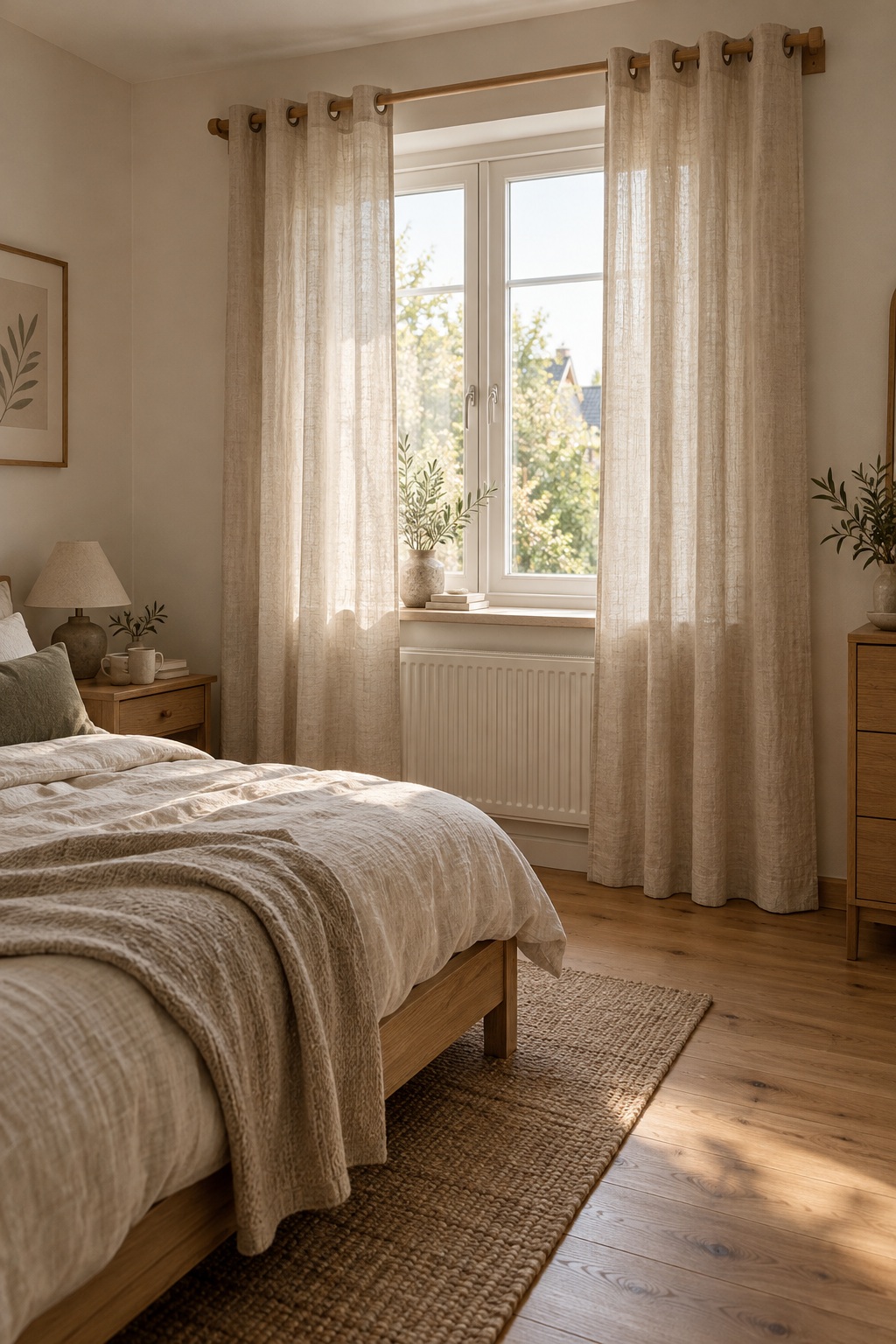 Beige Ösenvorhänge lassen Tageslicht ins kleine Schlafzimmer