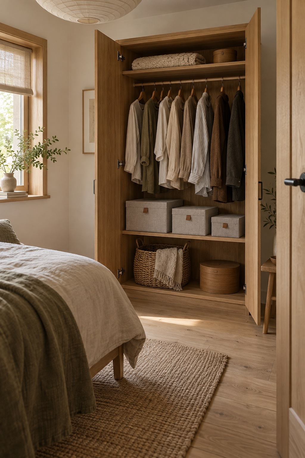 Graue Stoffboxen mit Deckeln im Schlafzimmer-Schrank