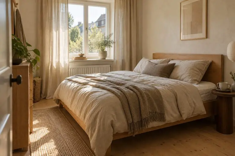 Kleines Japandi-Schlafzimmer mit Holz, Naturtönen und freiem Laufweg