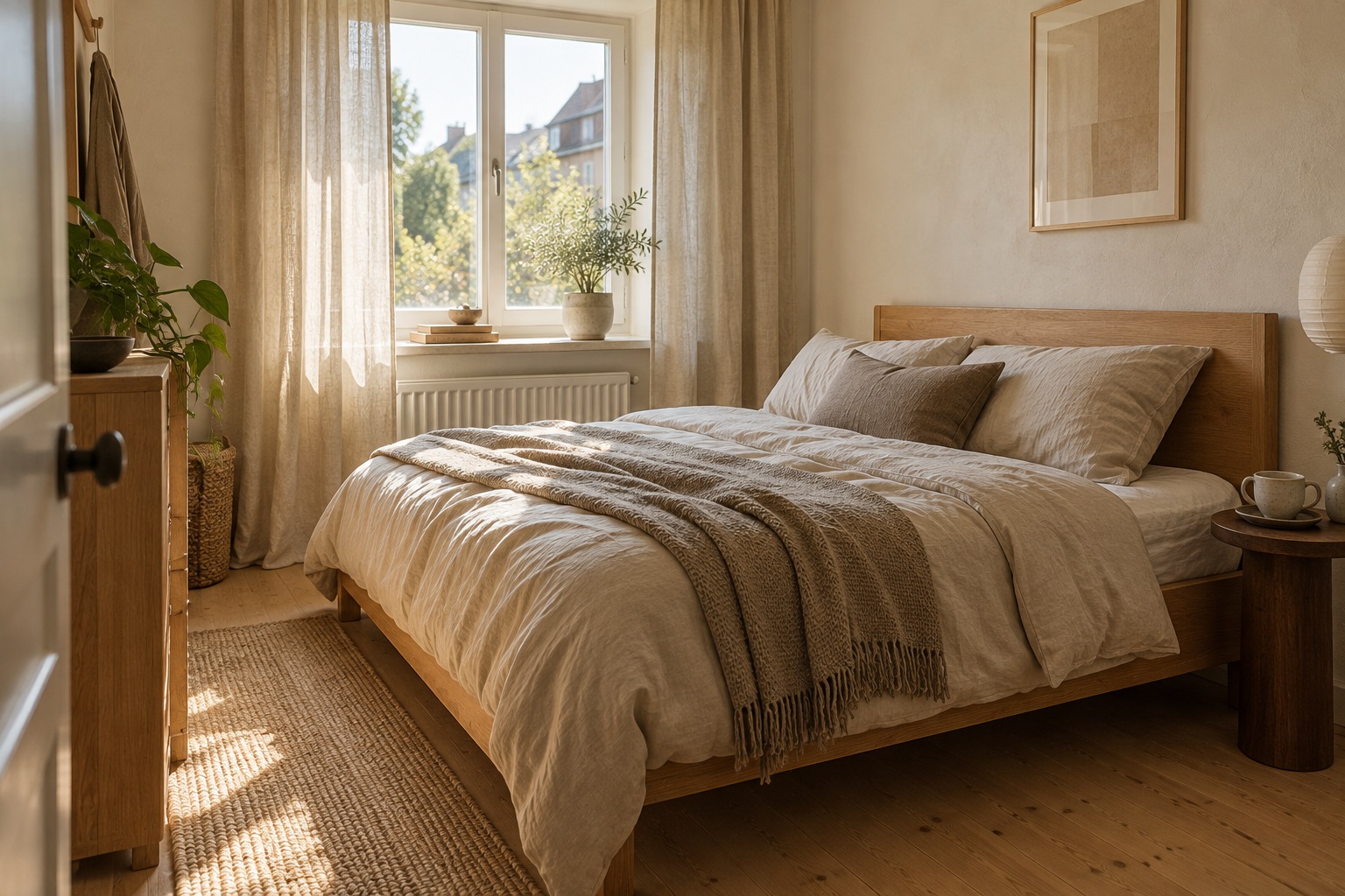 Kleines Japandi-Schlafzimmer mit Holz, Naturtönen und freiem Laufweg