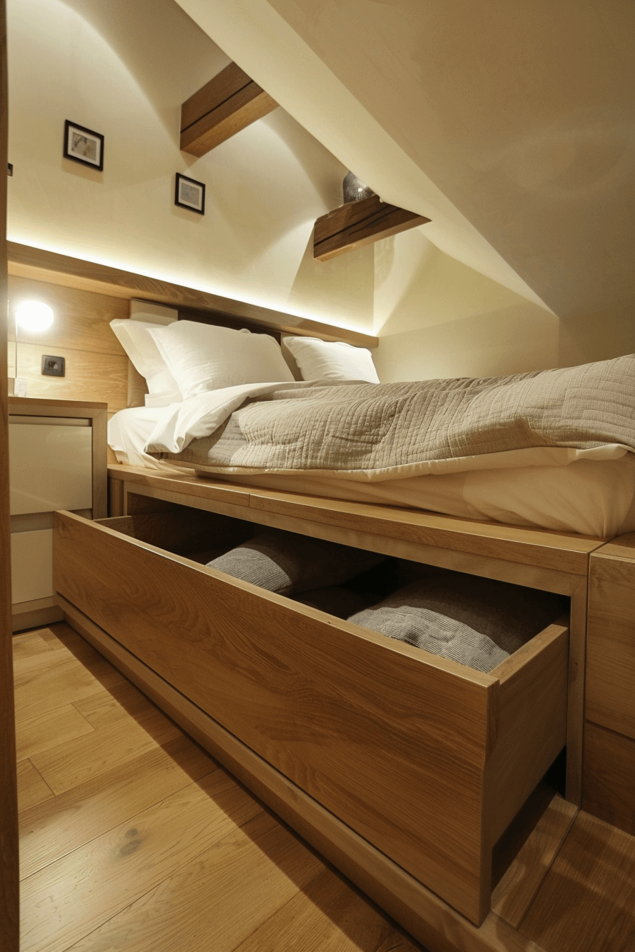 kleines schlafzimmer mit dachschräge, stauraum schaffen