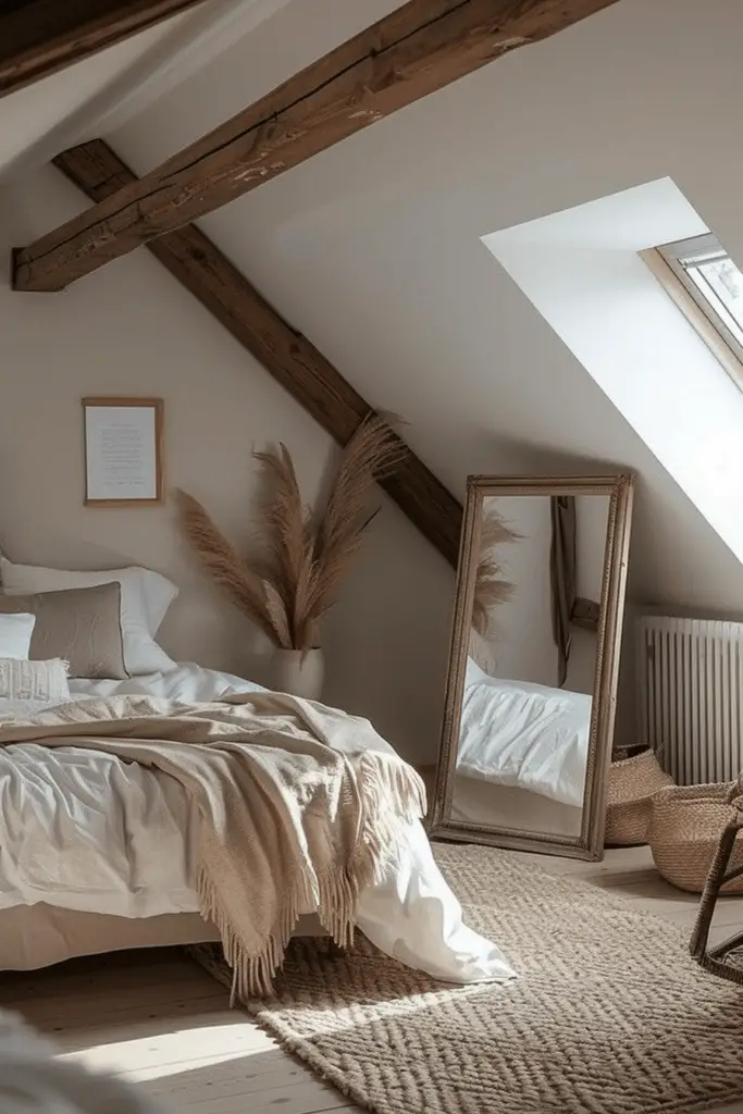 kleines schlafzimmer mit dachschräge und spiegel