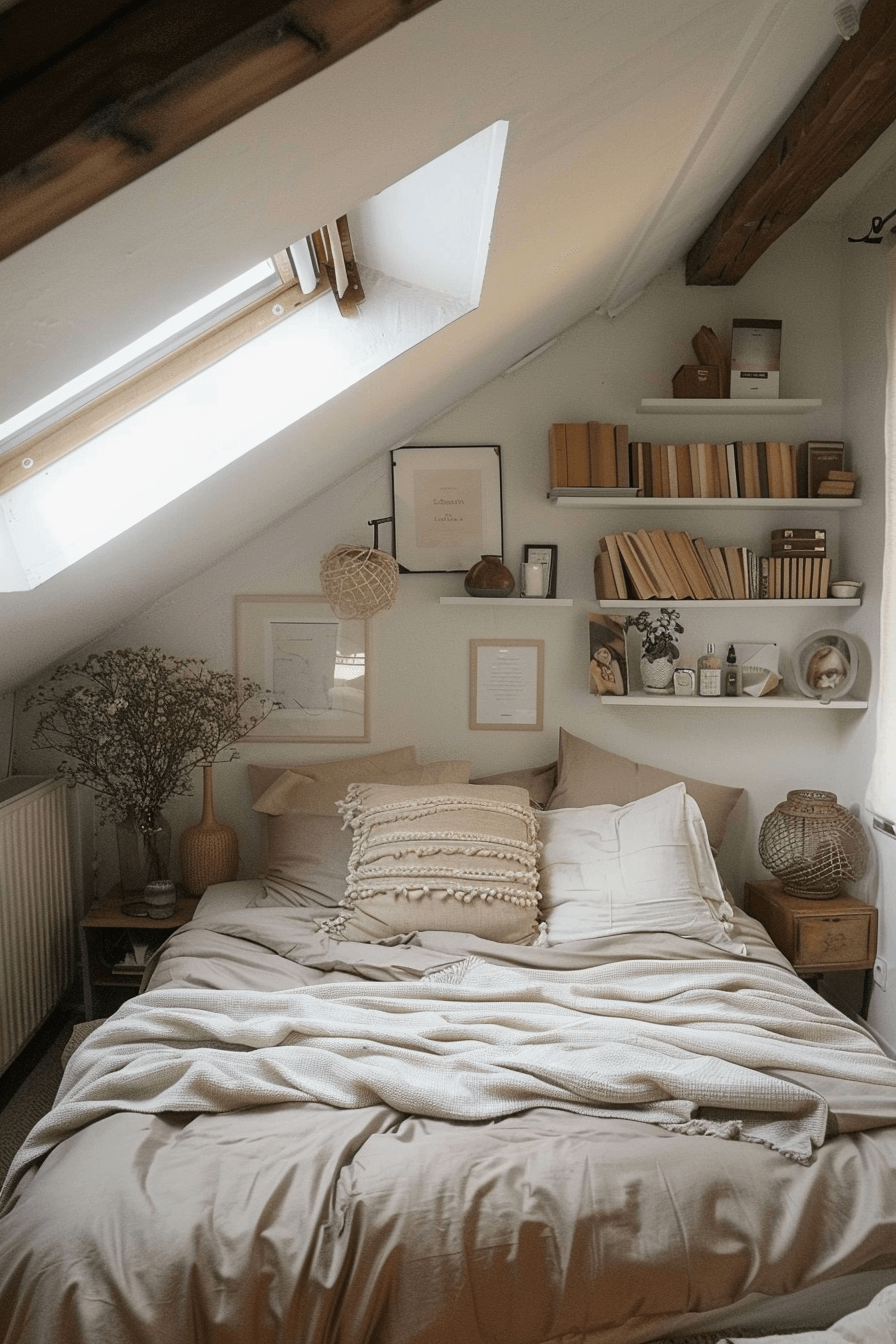 kleines schlafzimmer mit schräge wandregale