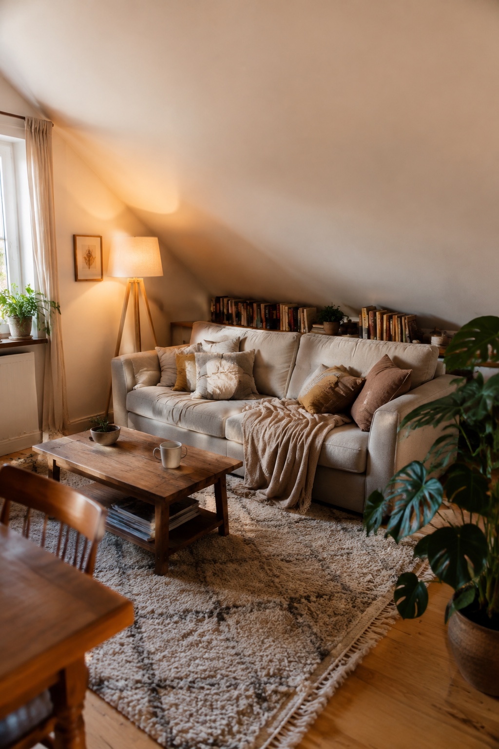 Niedriges gemütliches Sofa unter einer hohen Dachschräge mit weicher Decke