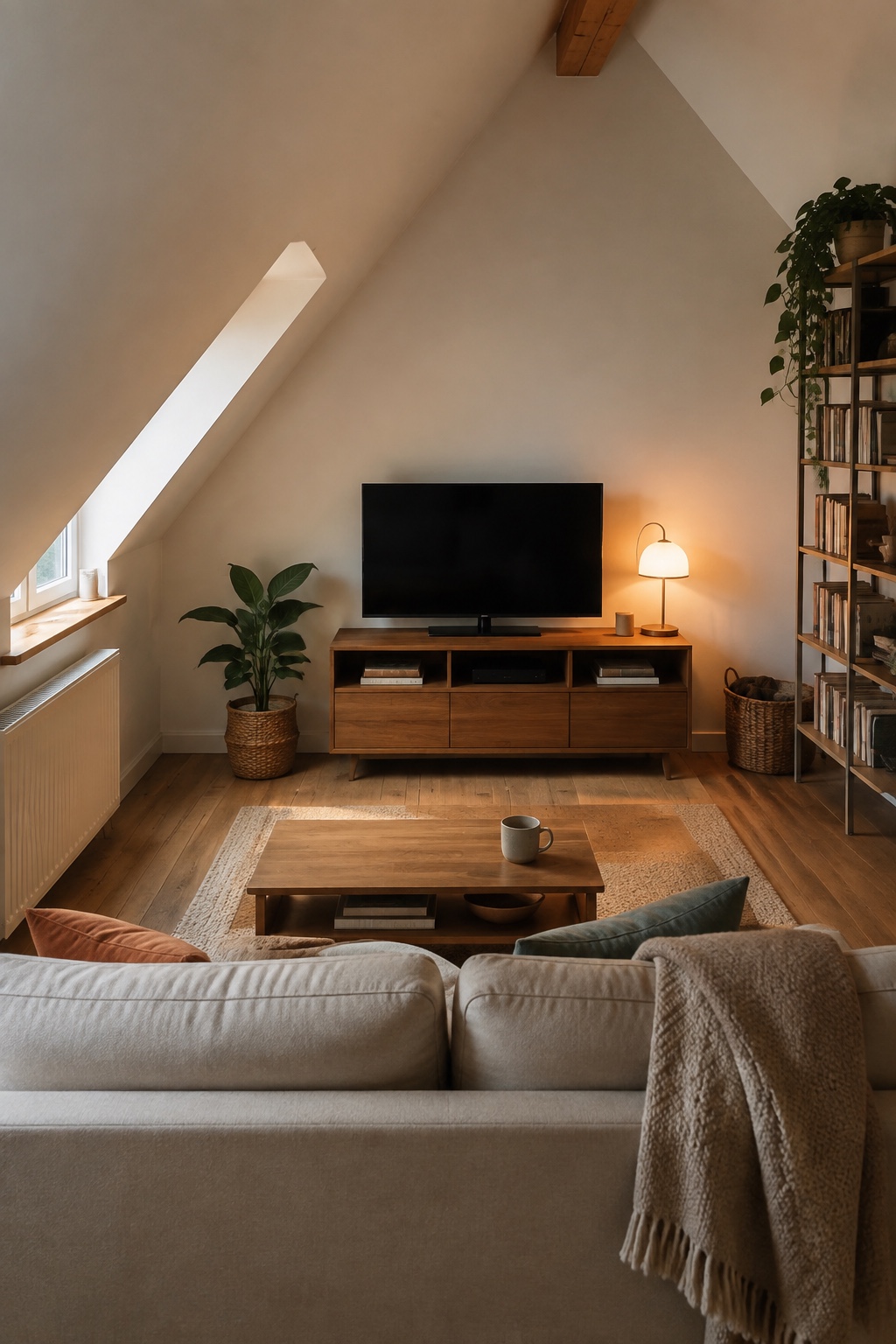 Fernseher mit flacher Ablage an der geraden Wand eines Dachwohnzimmers