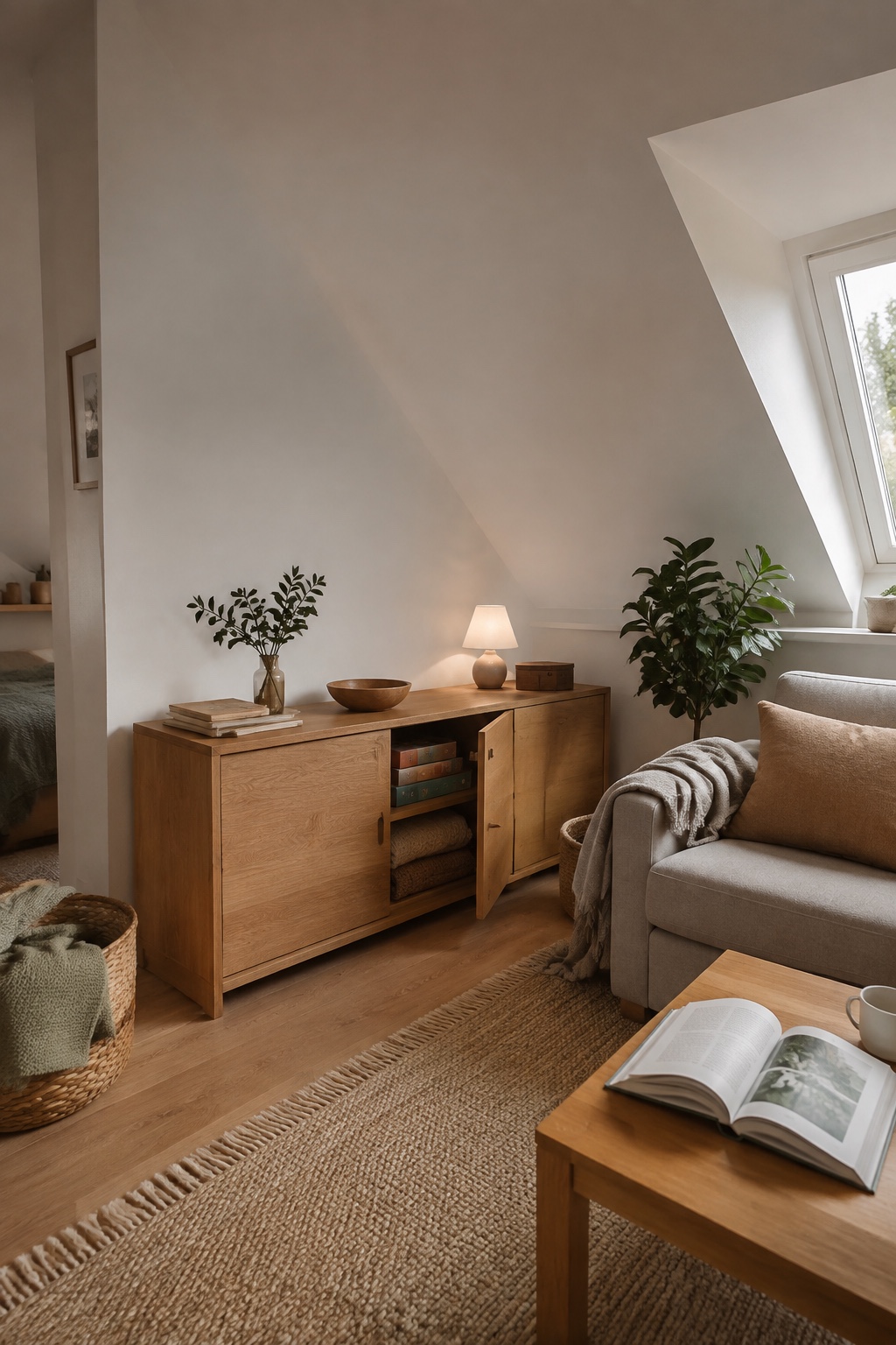 Niedriges Holz-Sideboard unter dem Kniestock eines kleinen Wohnzimmers
