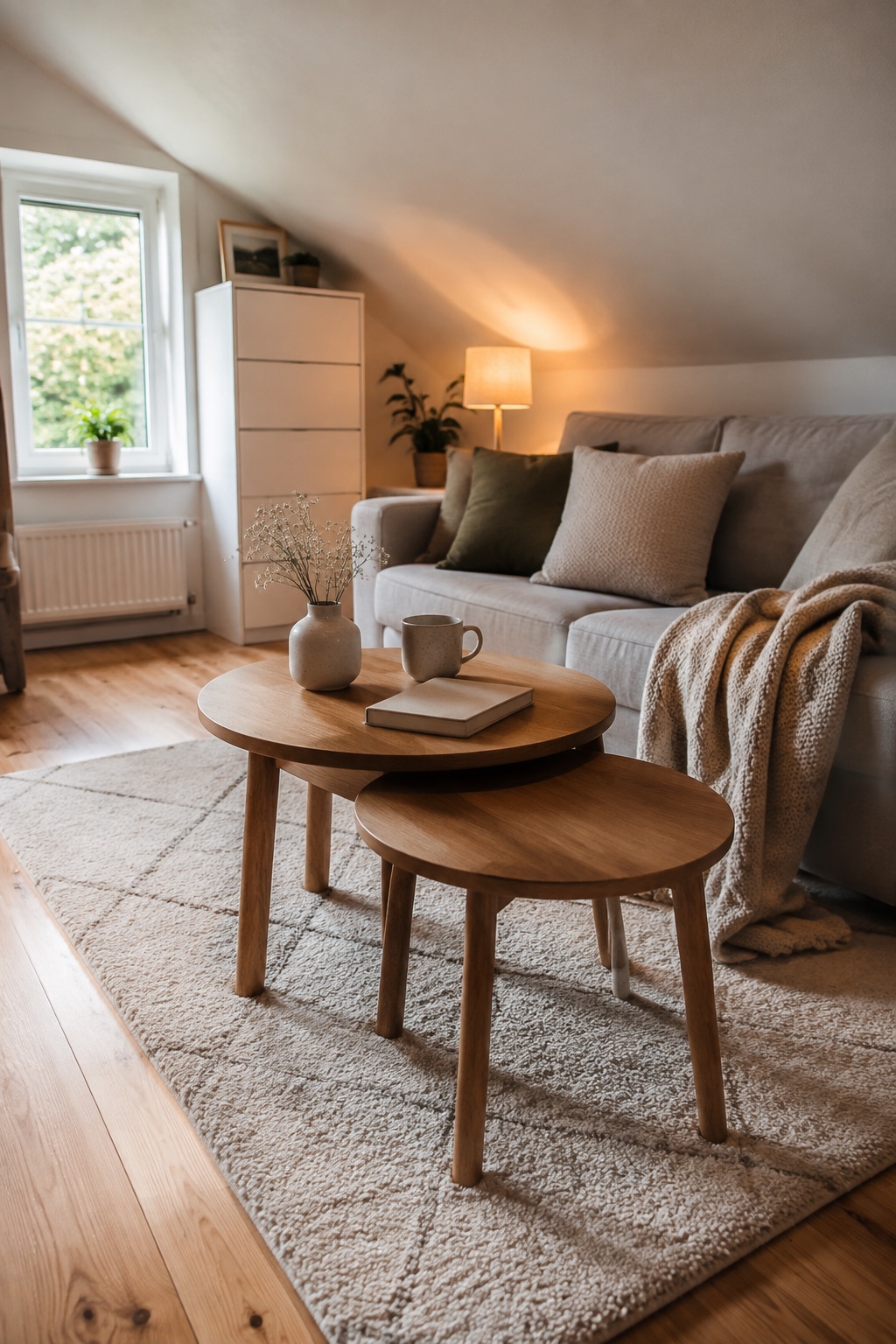 Zwei runde kleine Beistelltische aus Holz im Dachwohnzimmer