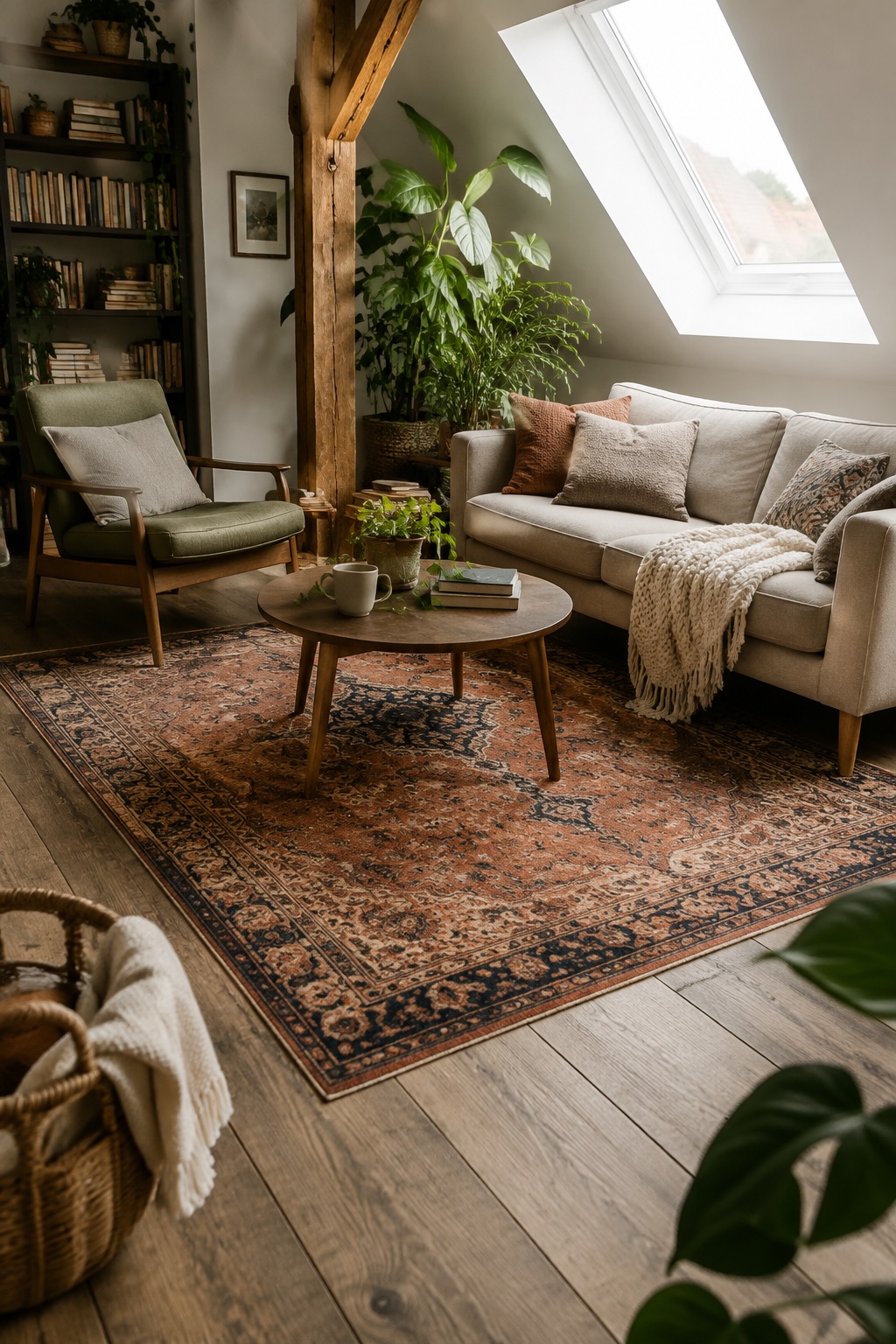 Heller Wollteppich unter Sofa und Sesseln in einem kleinen Dachwohnzimmer