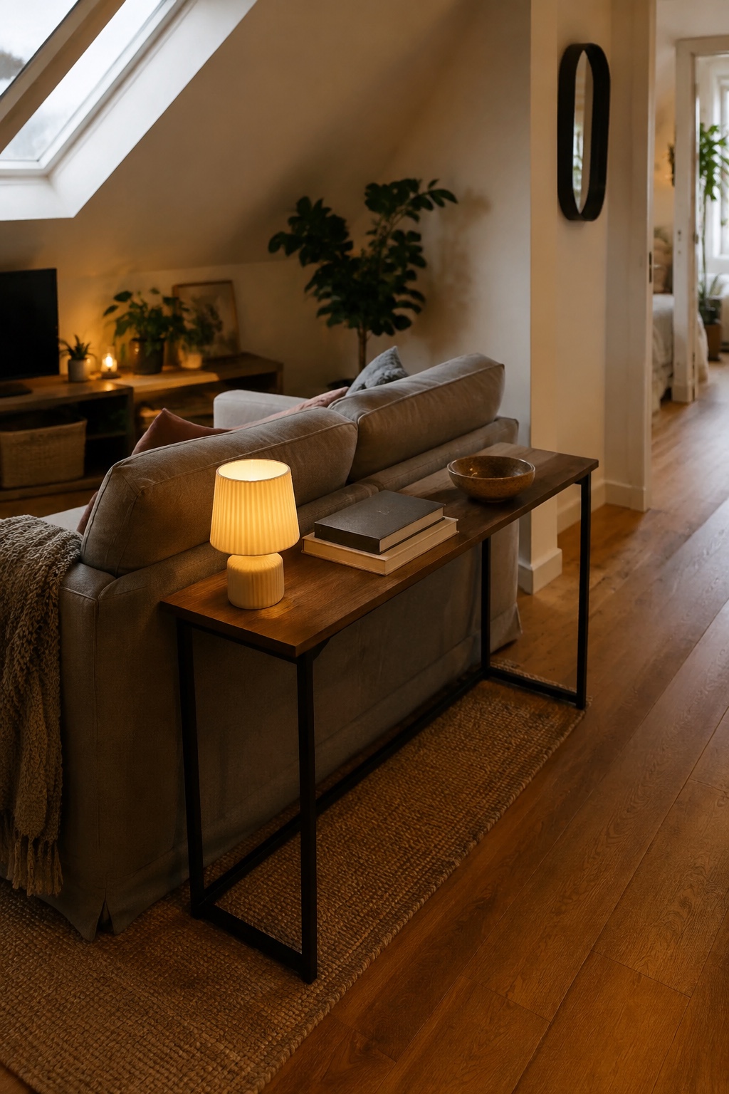 Schmale Holzkonsole hinter einem Sofa unter der Dachschräge