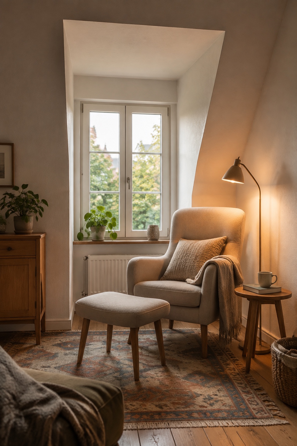 Kompakter Sessel mit Kissen in einer hellen Gaube im Dachwohnzimmer