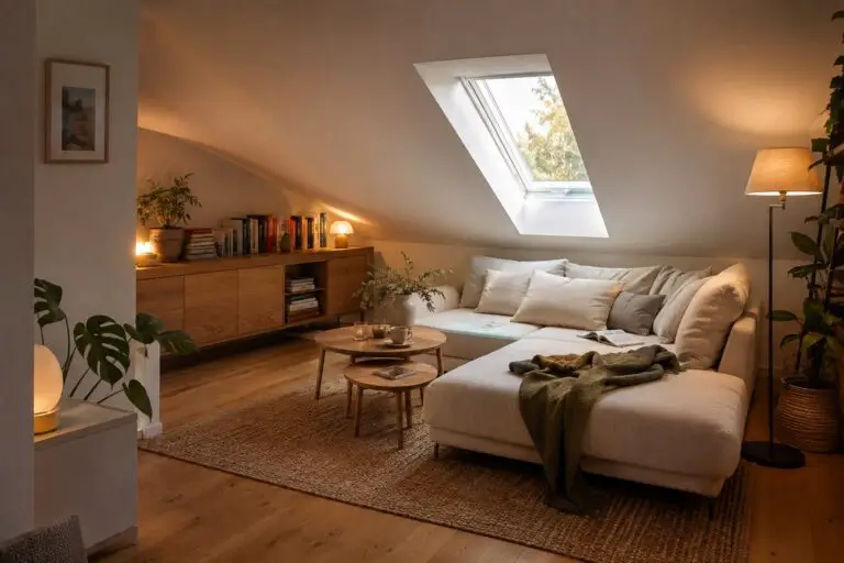 Gemütliches bewohntes Wohnzimmer mit Dachschräge, warmem Holz und weichen Textilien
