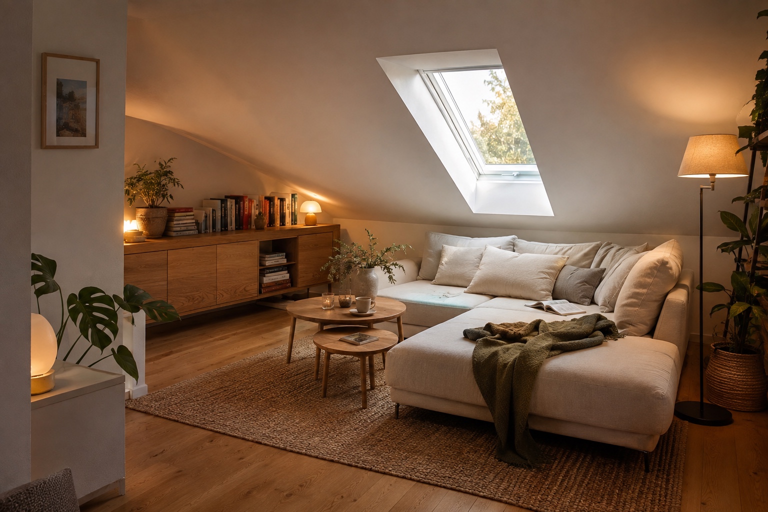 Gemütliches bewohntes Wohnzimmer mit Dachschräge, warmem Holz und weichen Textilien
