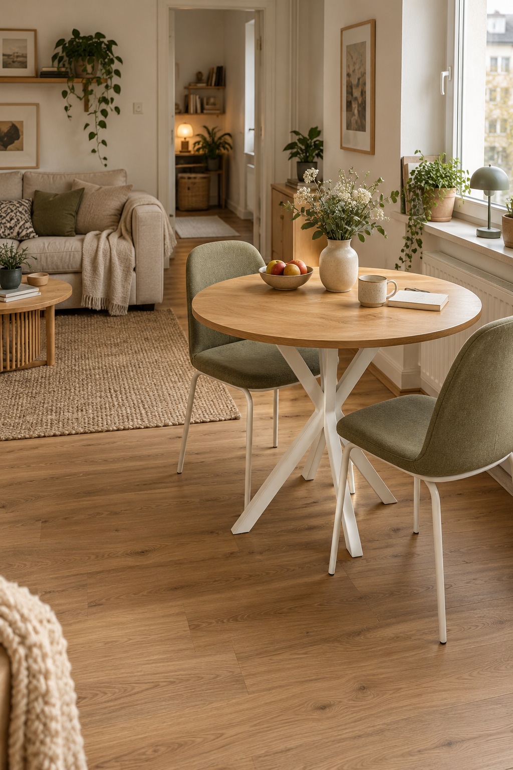 Runder Tisch mit Holzplatte und weißem Untergestell neben einem Sofa im kleinen Wohnzimmer
