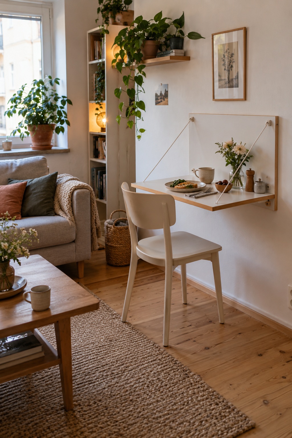 Weißer Wandklapptisch mit zwei Spannseilen und einem Stuhl neben der Sofaecke