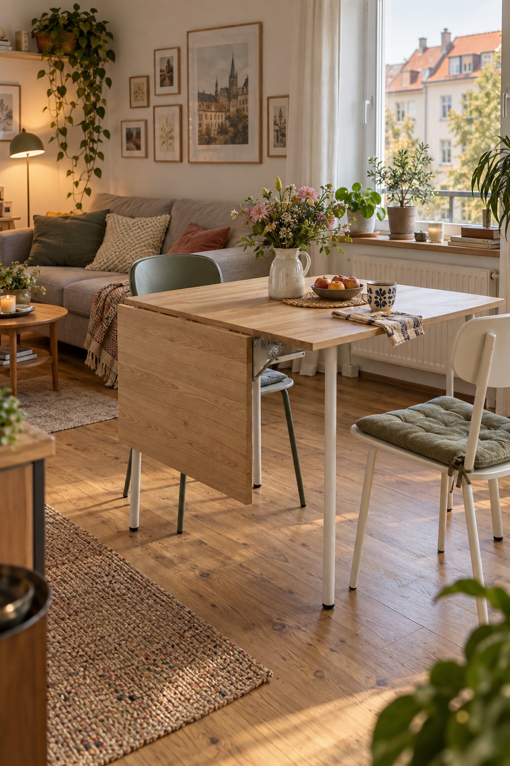 Esstisch mit weißem Gestell und einer heruntergeklappten seitlichen Holzplatte im Wohnzimmer