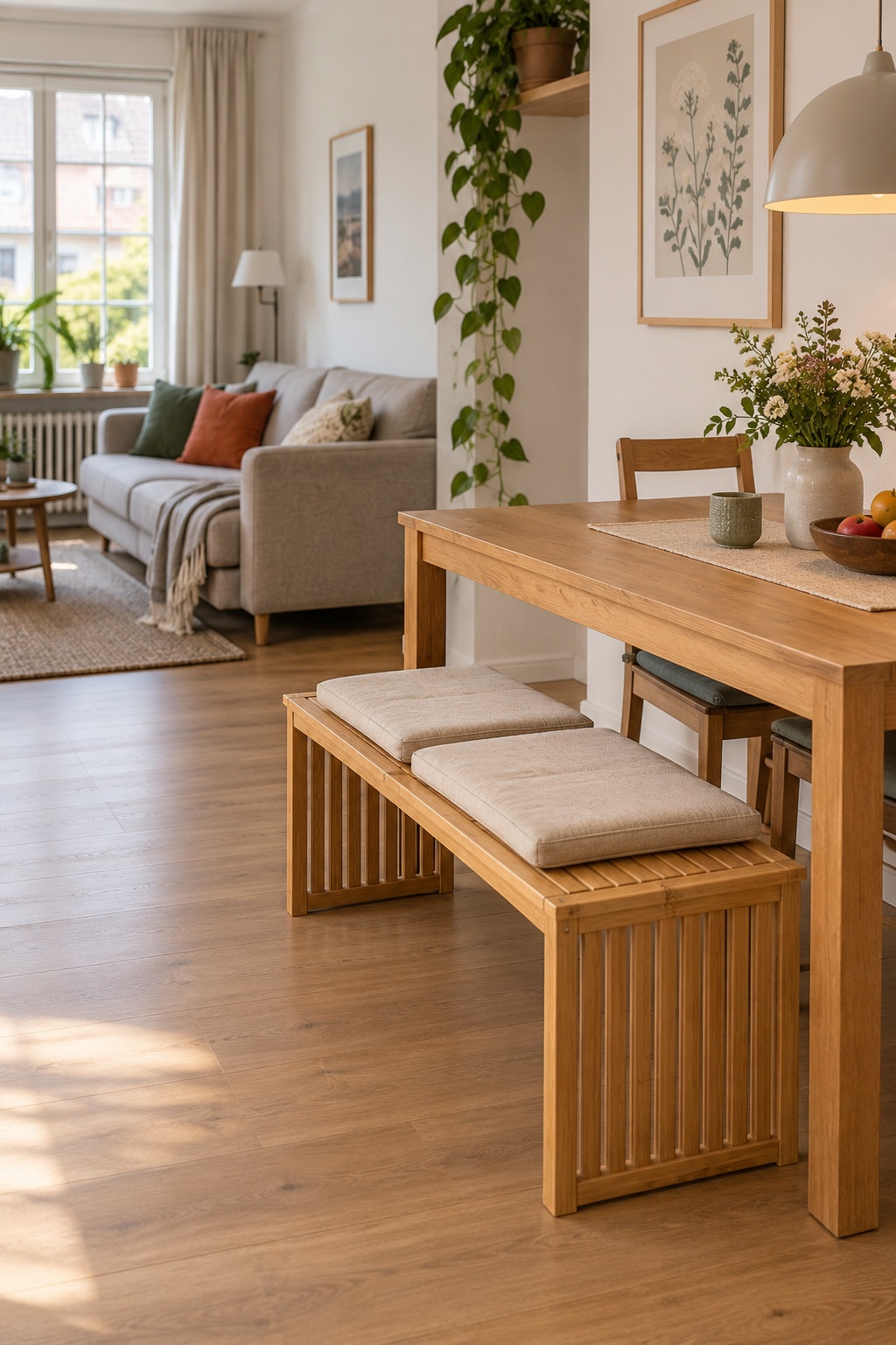 Schmale Bambusbank mit zwei Sitzkissen an einem kompakten Esstisch im Wohnzimmer
