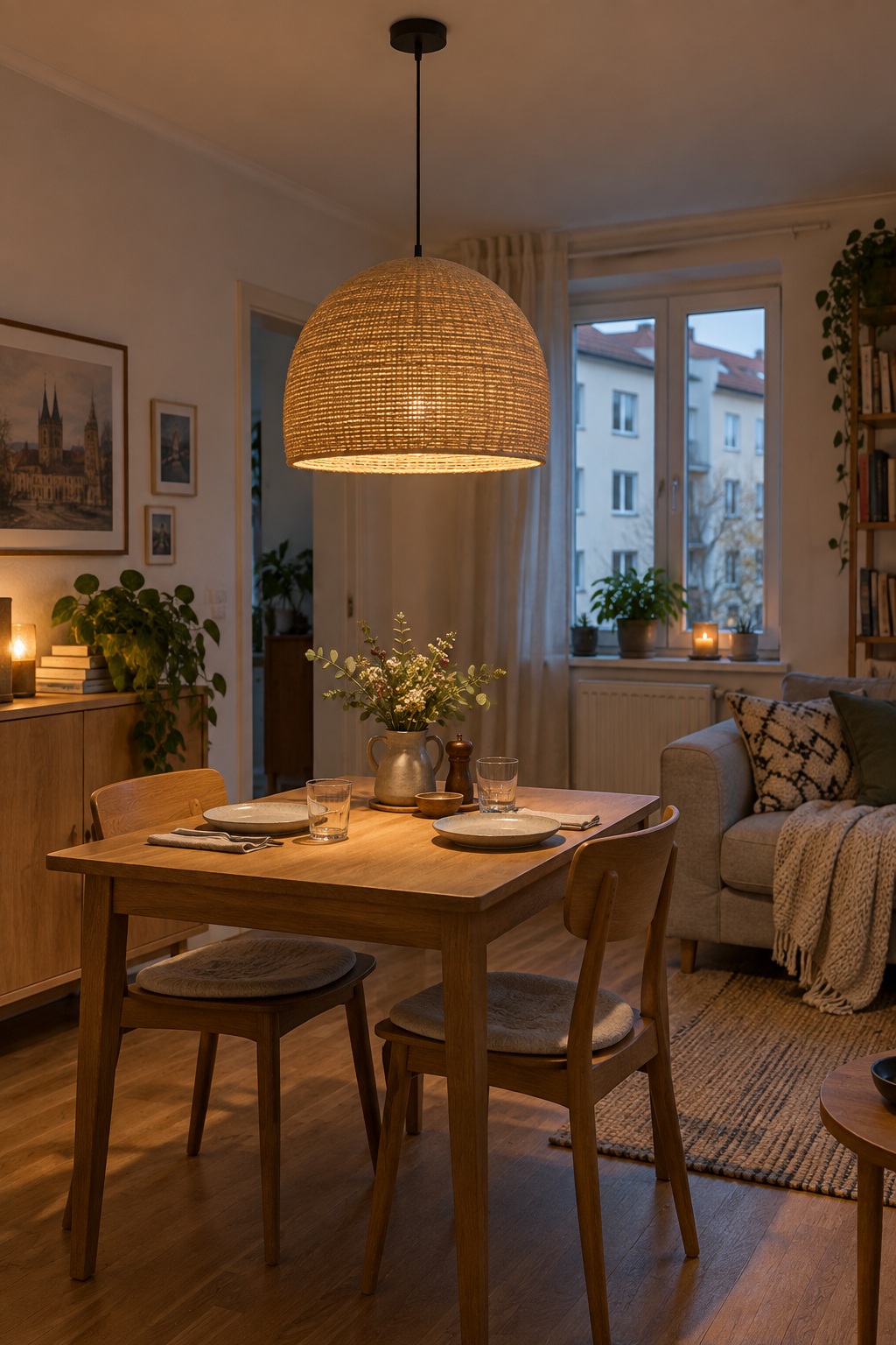 Beige geflochtene Pendelleuchte hängt über einem gedeckten kleinen Esstisch neben dem Sofa