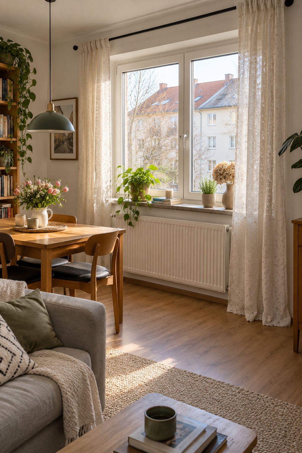 Helle beigefarbene Vorhänge stehen seitlich am Fenster neben einem kleinen Esstisch