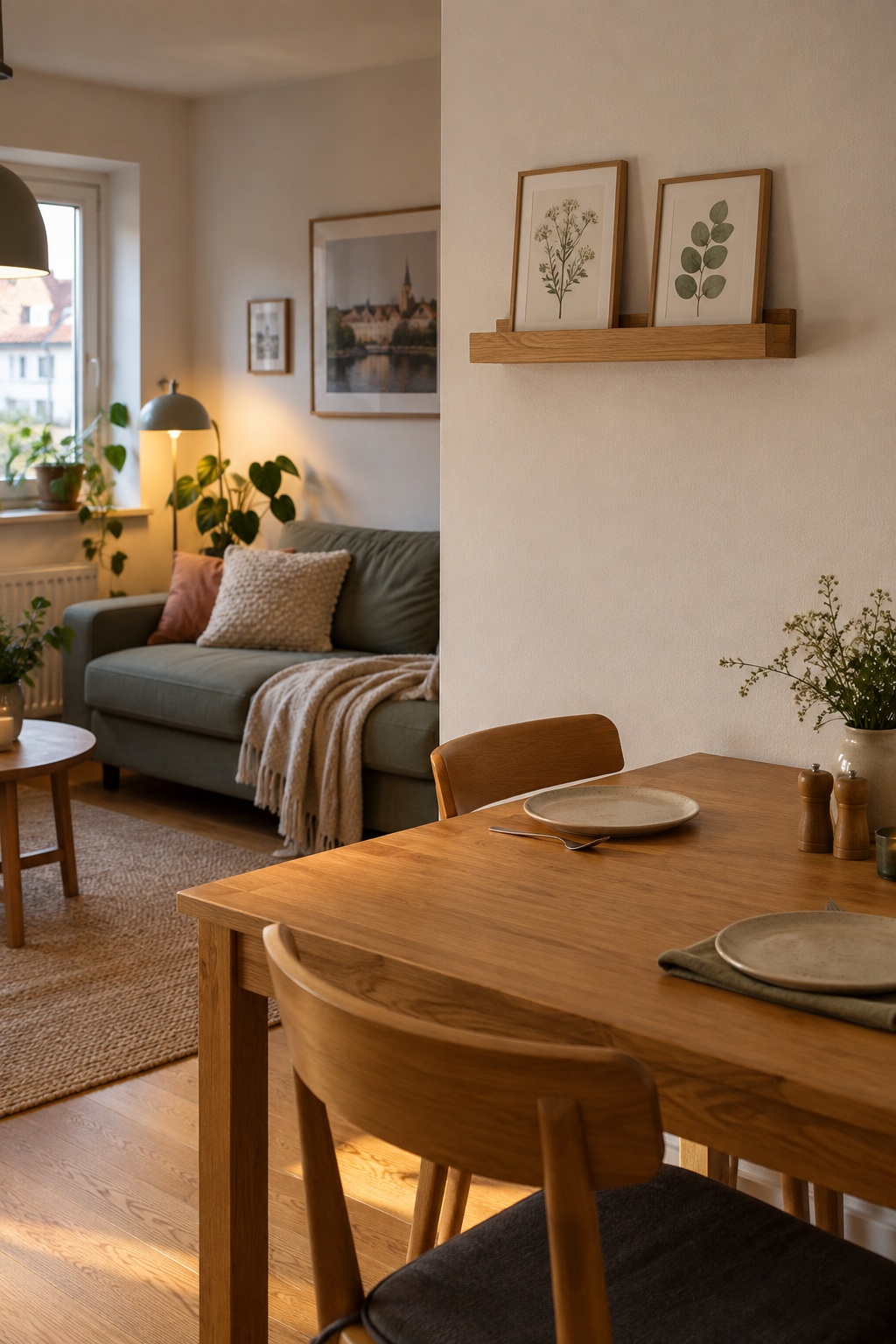 Kurze Eichen-Bilderleiste mit zwei kleinen botanischen Motiven an der Wand beim Esstisch