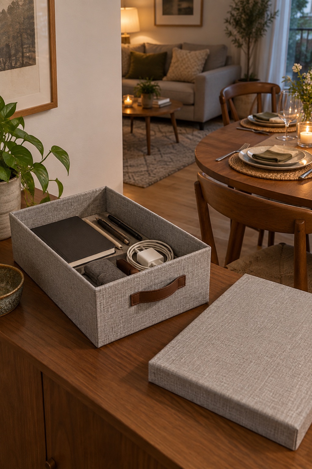 Flache graue Deckelbox mit Notizbuch und Kabel liegt neben einem fürs Essen gedeckten Tisch